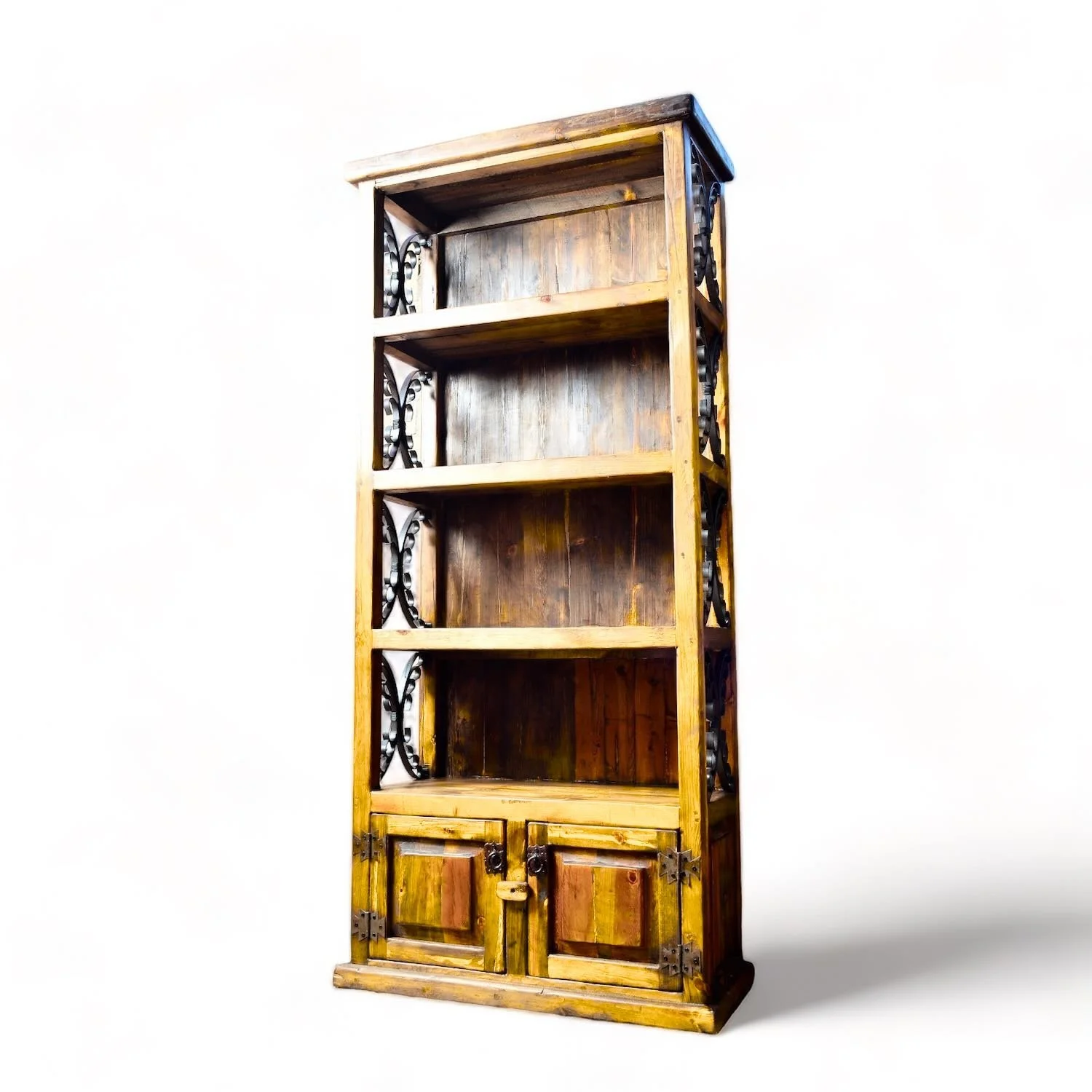 El Rosarito handcrafted Mexican reclaimed wood and wrought iron bookcase with rustic open shelving
