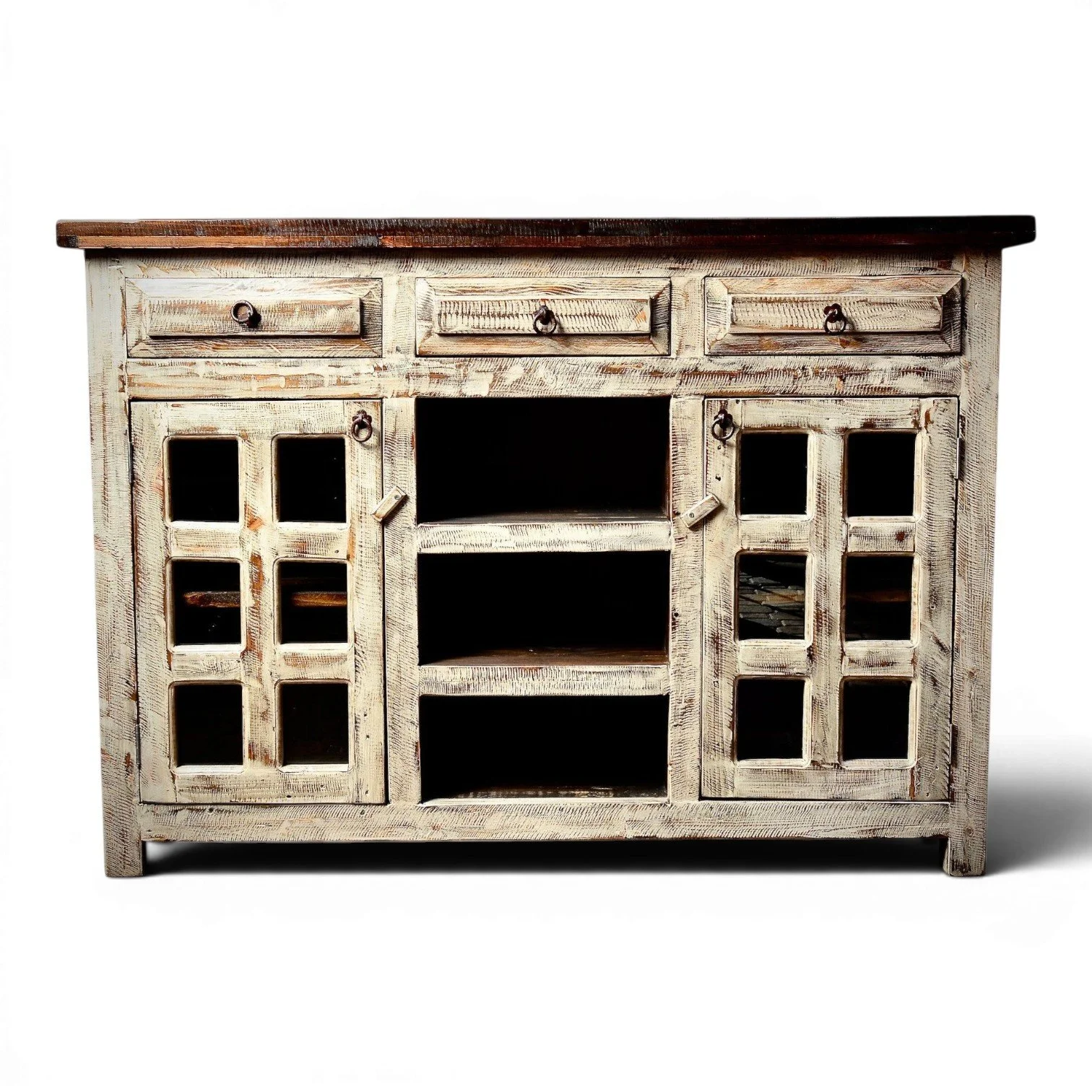 Buffet Blanco handcrafted Mexican reclaimed wood buffet cabinet with distressed white finish, glass doors, and iron hardware