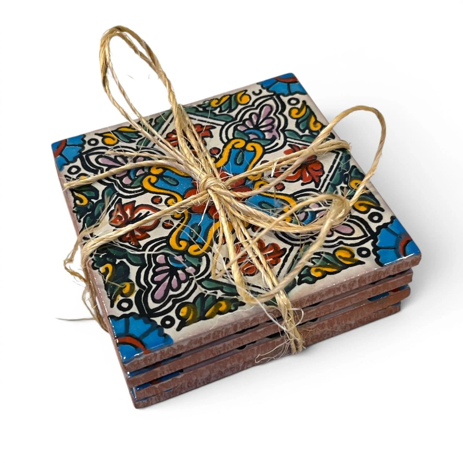 Handmade Talavera tile coaster set from Mexico featuring four colorful ceramic coasters with protective rubber bumpers.