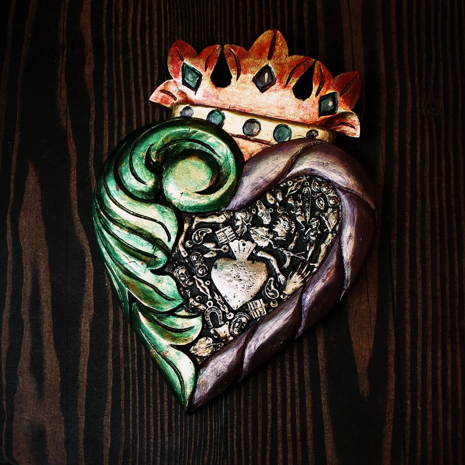 Sacred Heart with Crown and Milagros Charms