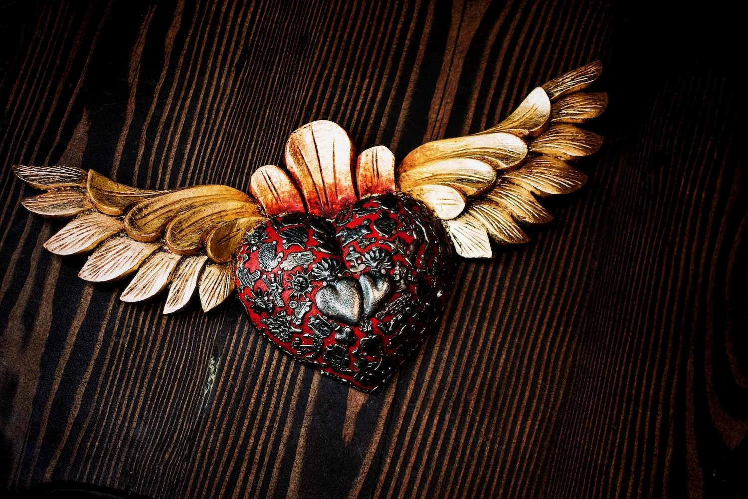Red Sacred Heart with Wings & Milagros from Mexico
