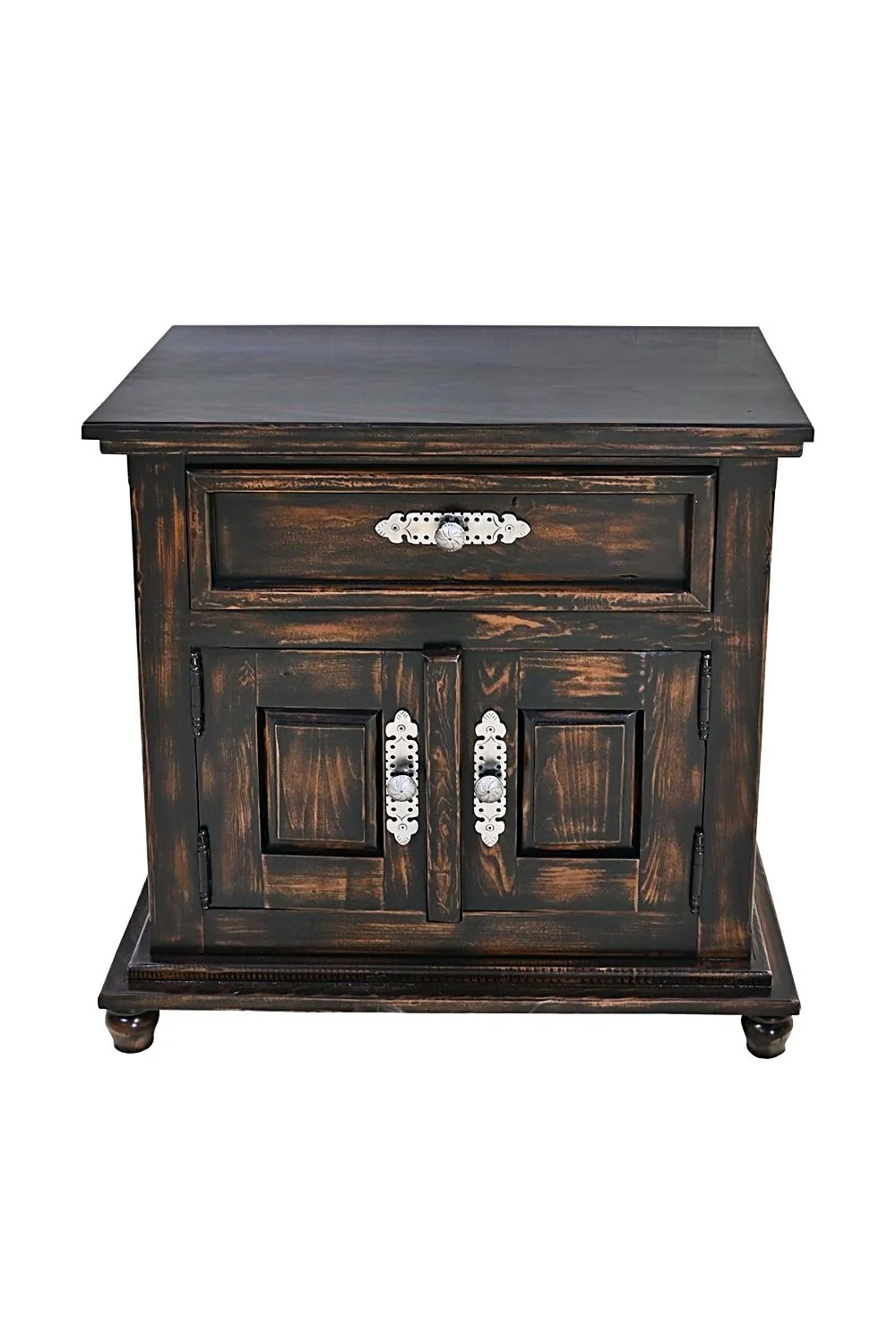 Shop the Arenas Negras Door Nightstand handmade in Mexico. Solid wood nightstand with black finish, iron hardware, and cabinet storage for elegant rustic bedside style.