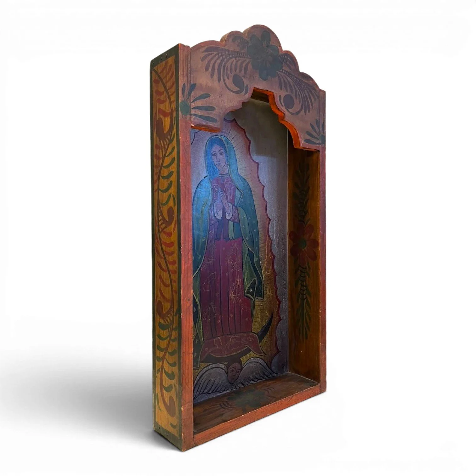 Handmade Mexican Retablo Shadow Box featuring hand-painted religious imagery, hand-carved wood details, and rich dark finish.