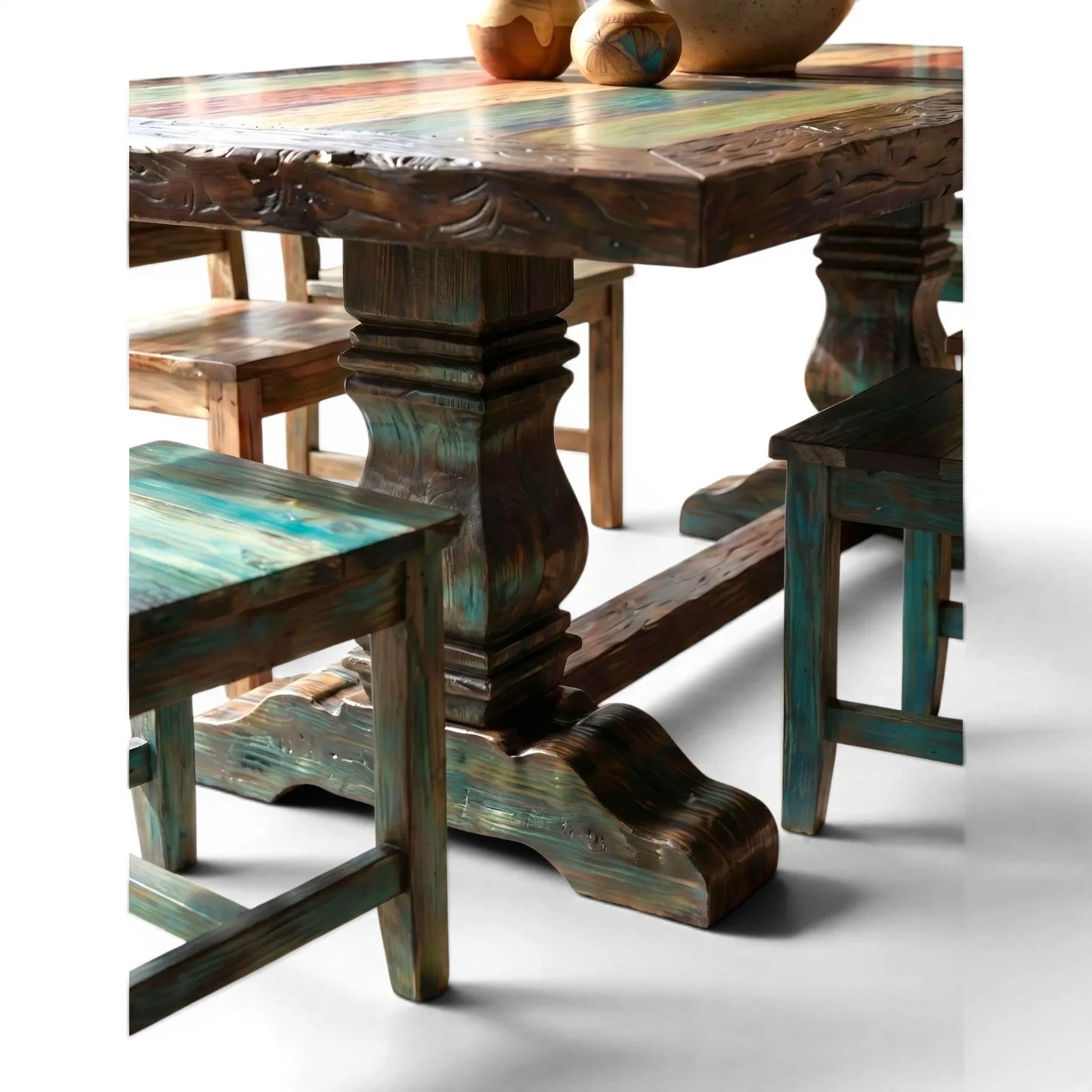 Handmade Mexican reclaimed wood dining table with hand-painted top and trestle base