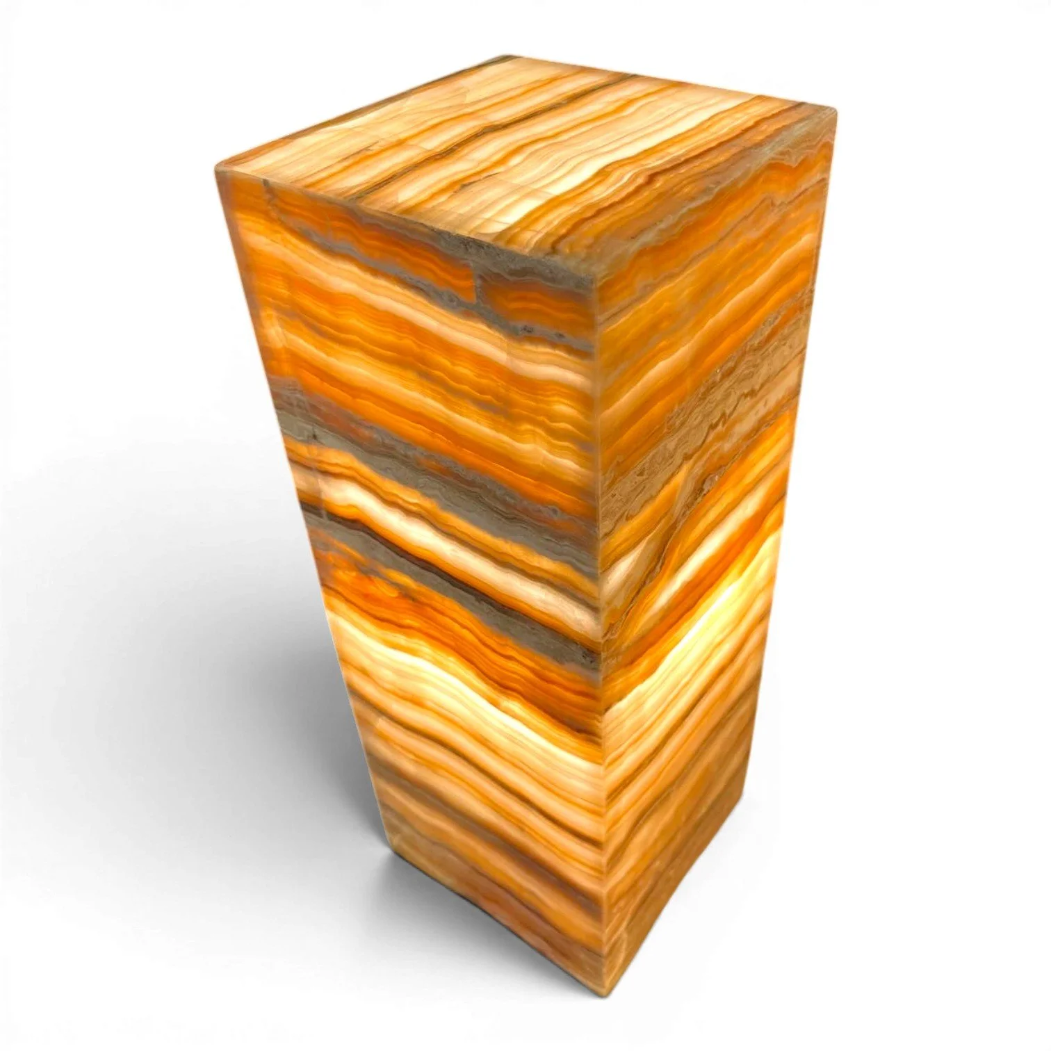 Handmade Mexican square onyx lamp with warm glowing natural stone and coastal luxury style