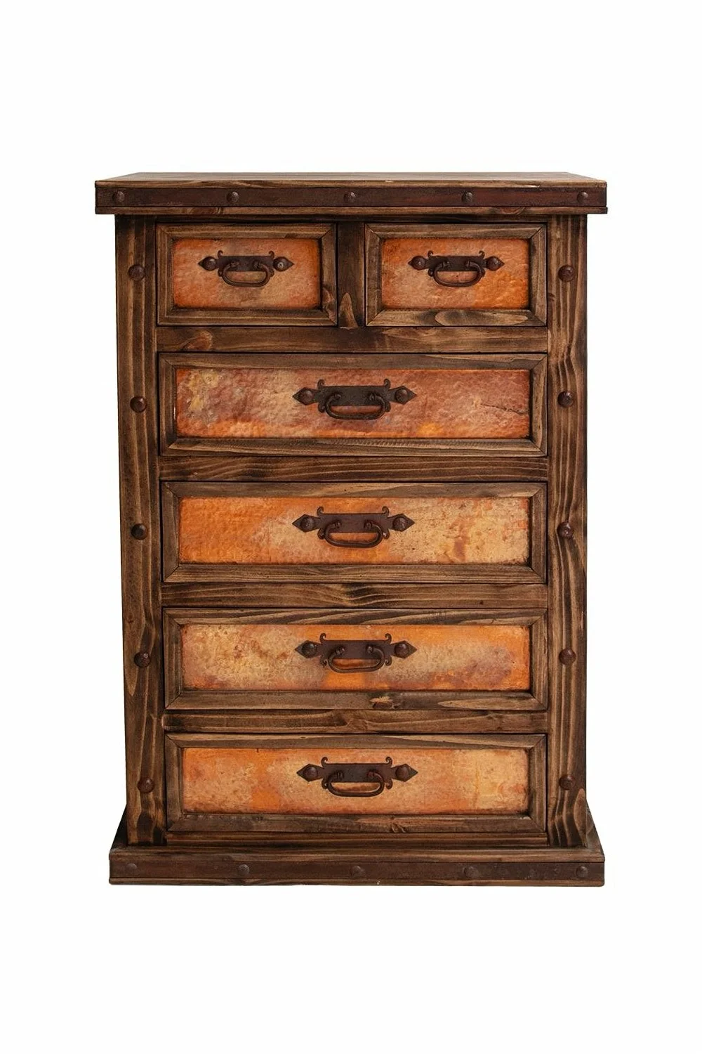 Shop the San Marcos Copper Chest handmade in Mexico. Solid wood chest with copper panels, dark finish, iron hardware, and rustic luxury hacienda-style storage design.