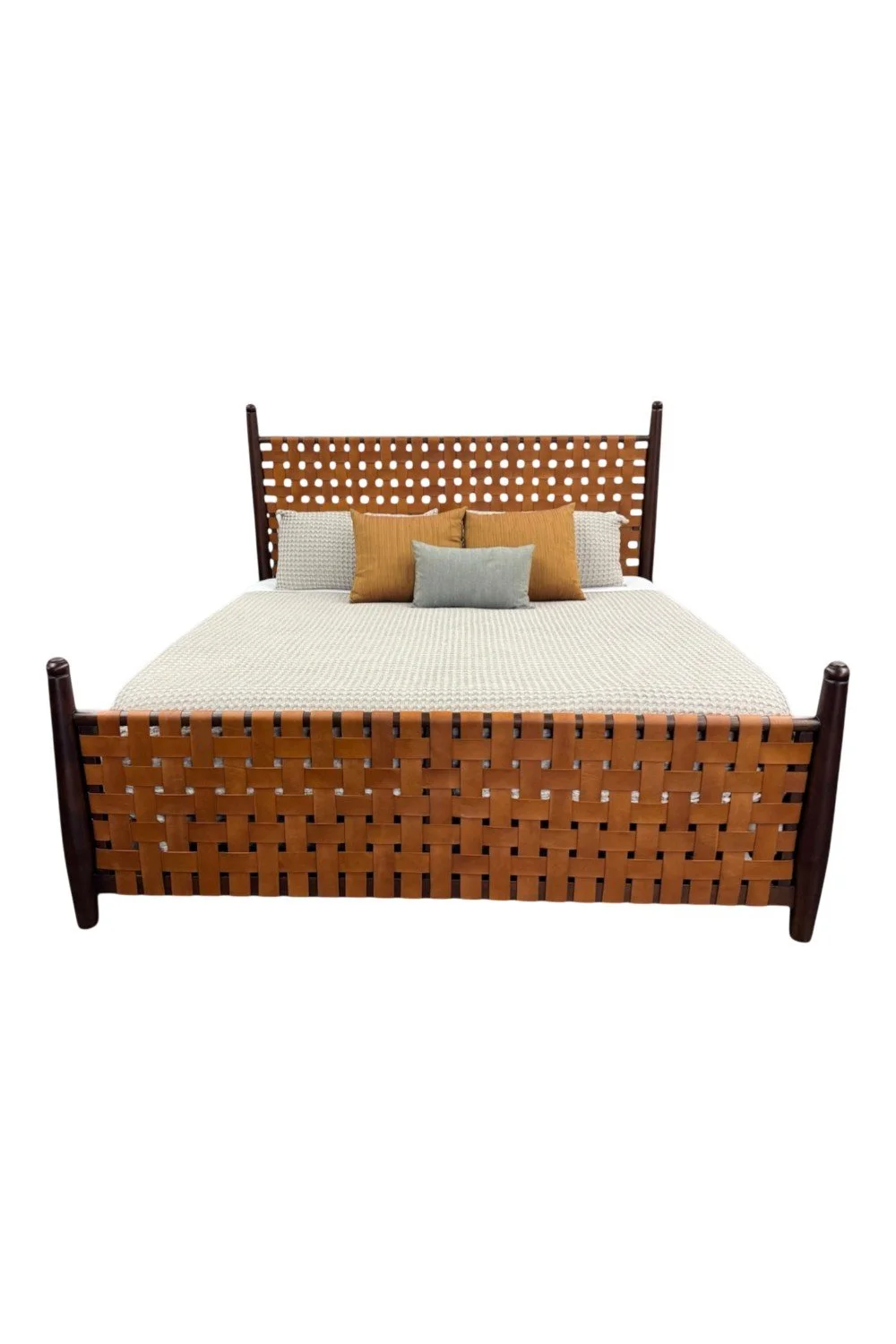 Shop the Marisol Leather King Bed handmade in Peru. Woven leather panels and solid wood frame create a bold rustic luxury centerpiece for any bedroom.