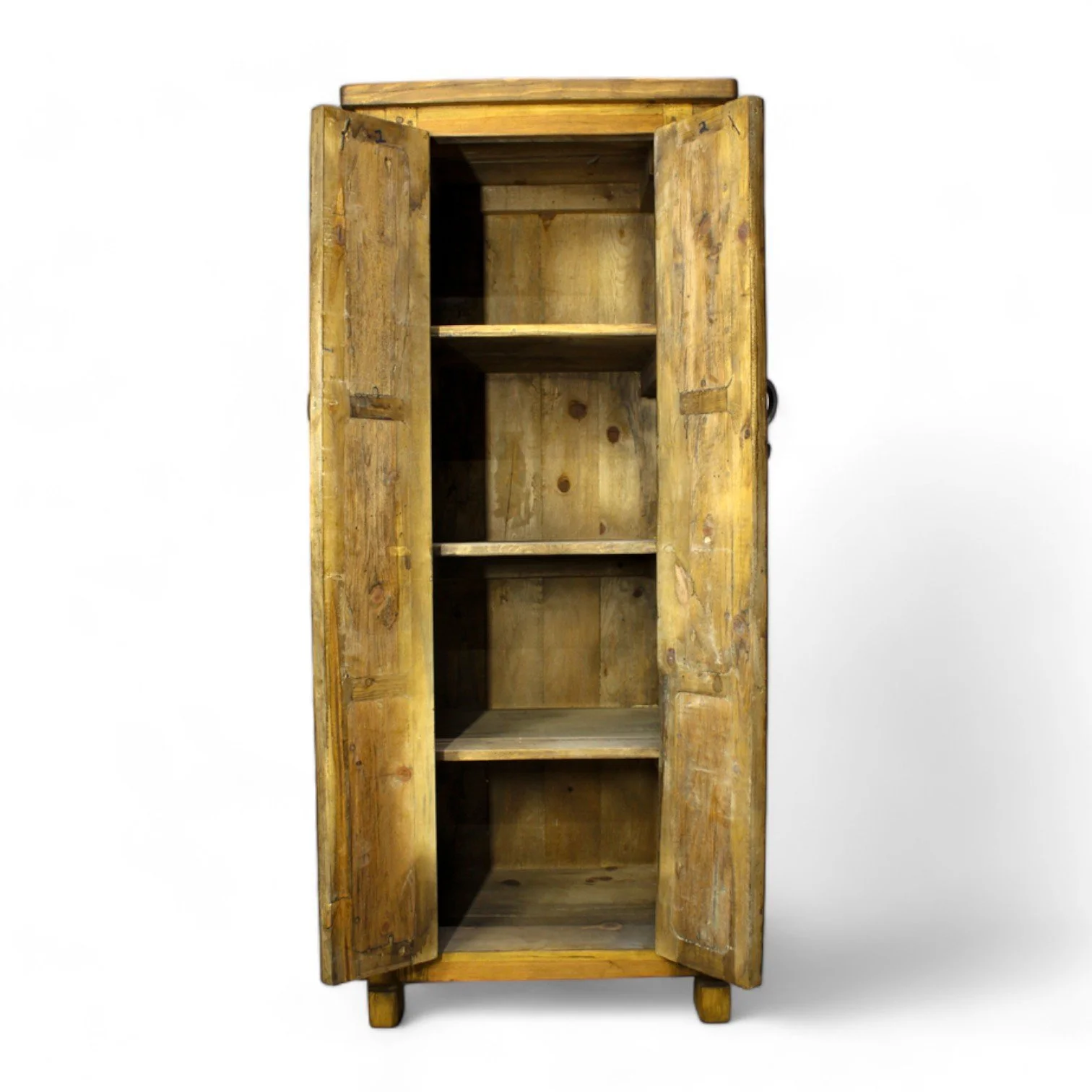 Handmade Amarillo Cabinet crafted in Mexico from reclaimed wood with a light stain and rustic iron hardware.