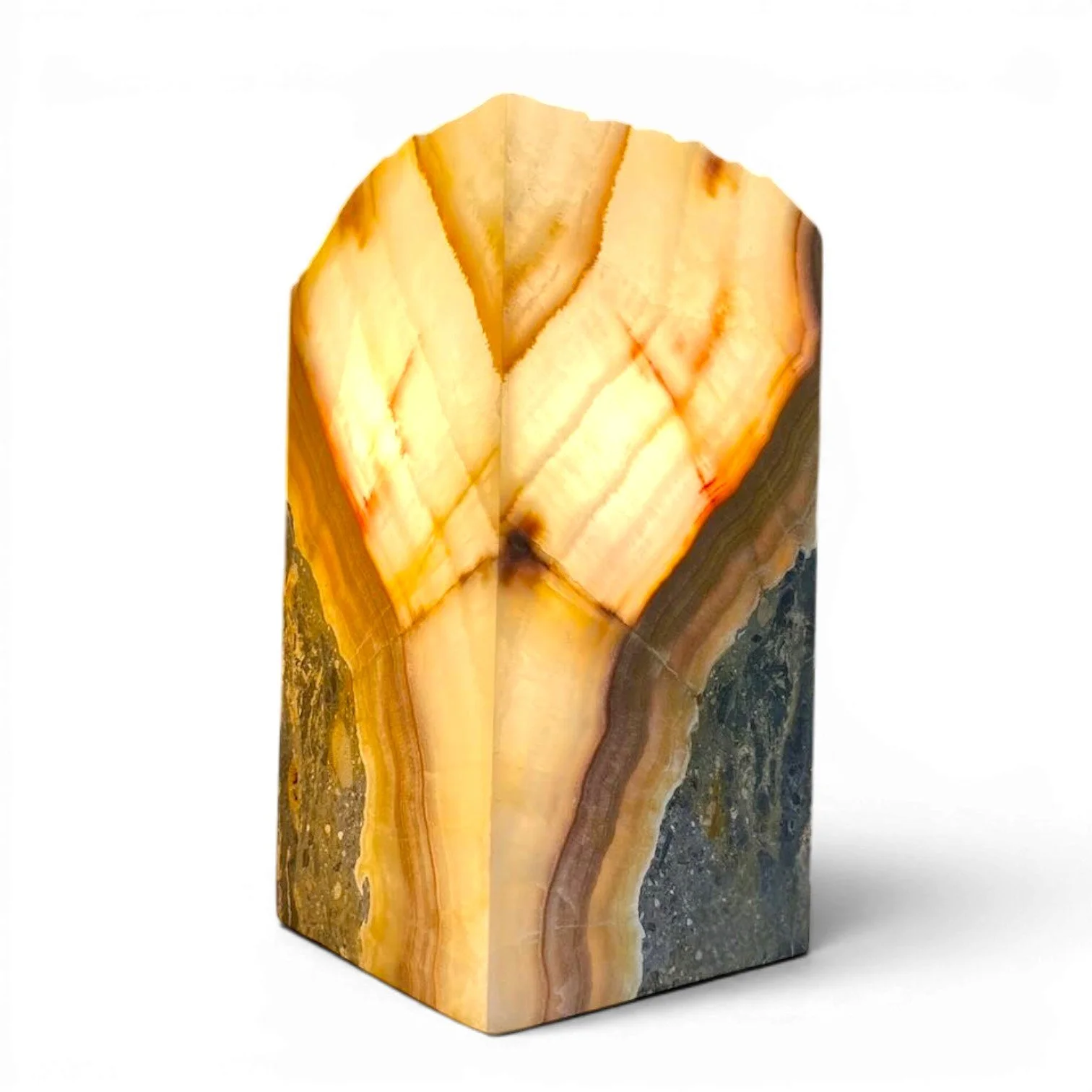 Handmade Mexican scalloped square onyx lamp with warm glowing stone and coastal luxury design