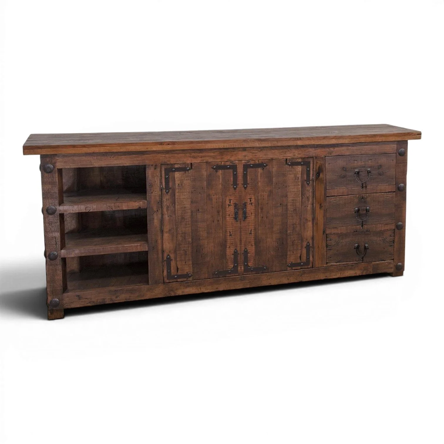 Handmade Mexican Tucson buffet with rich dark stain, iron hardware, decorative clavos, drawers, cabinets, and open shelving