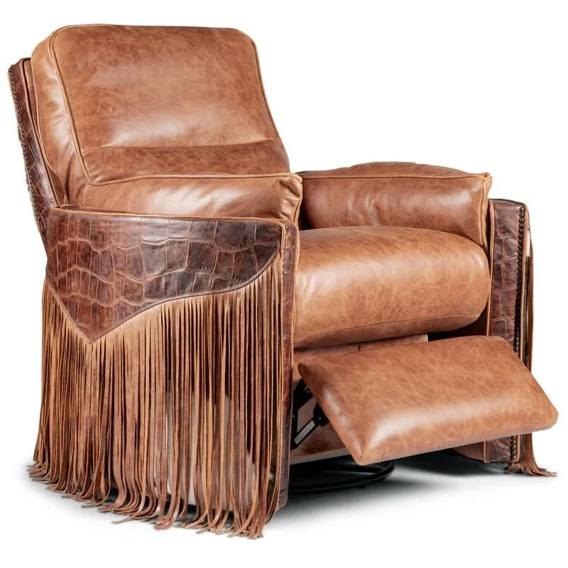 Maverick Western leather and cowhide recliner with top-grain leather upholstery, genuine cowhide accents, hardwood frame, and nailhead trim.