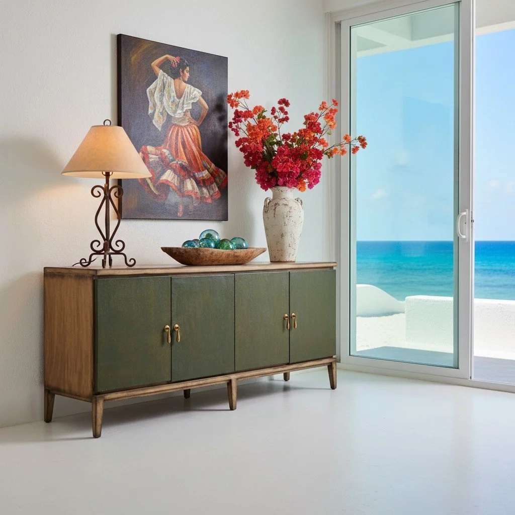 Handmade Peruvian Renata Leather Buffet in deep olive leather with warm wood top and base