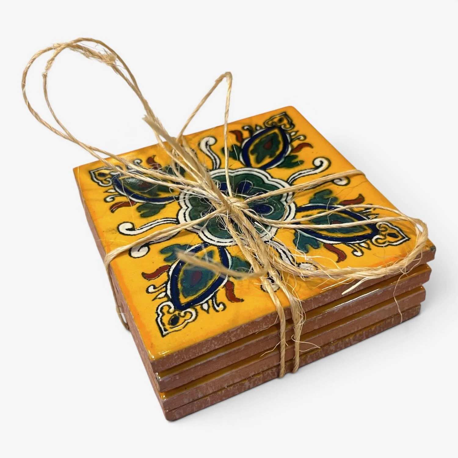 Handmade Talavera tile coaster set from Mexico featuring four colorful ceramic coasters with protective rubber bumpers.