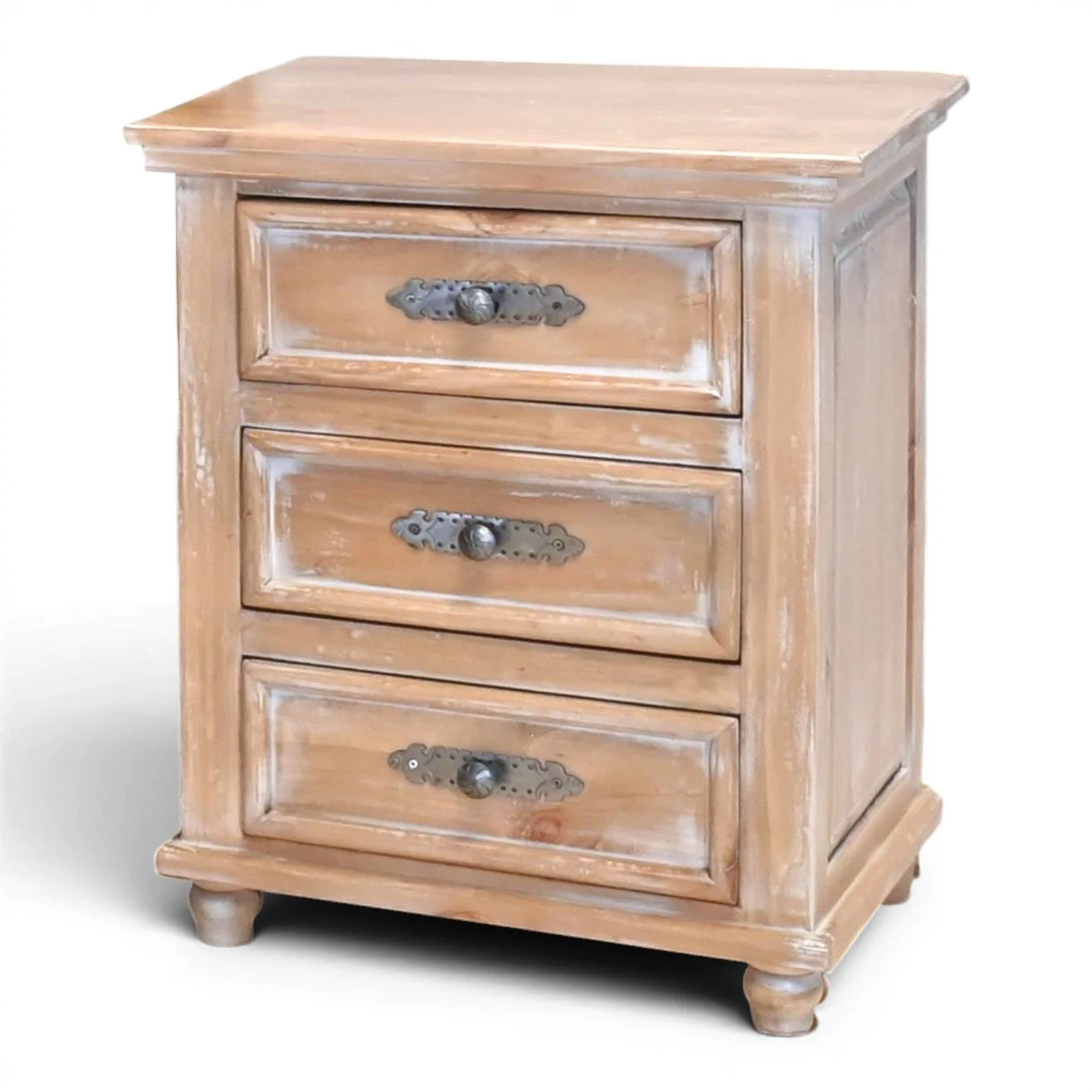 Handmade Mexican Arenas Blancas three drawer nightstand with coastal white washed finish and iron hardware