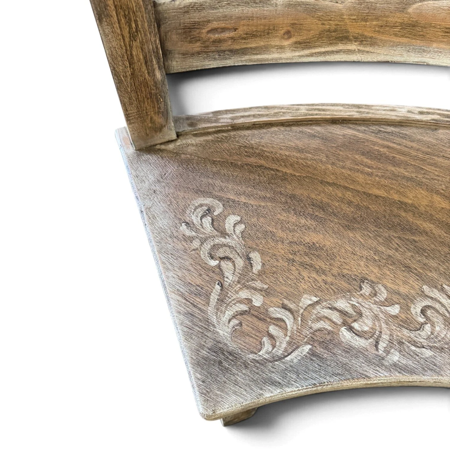 Handmade whitewashed curved wood bench with carved floral details