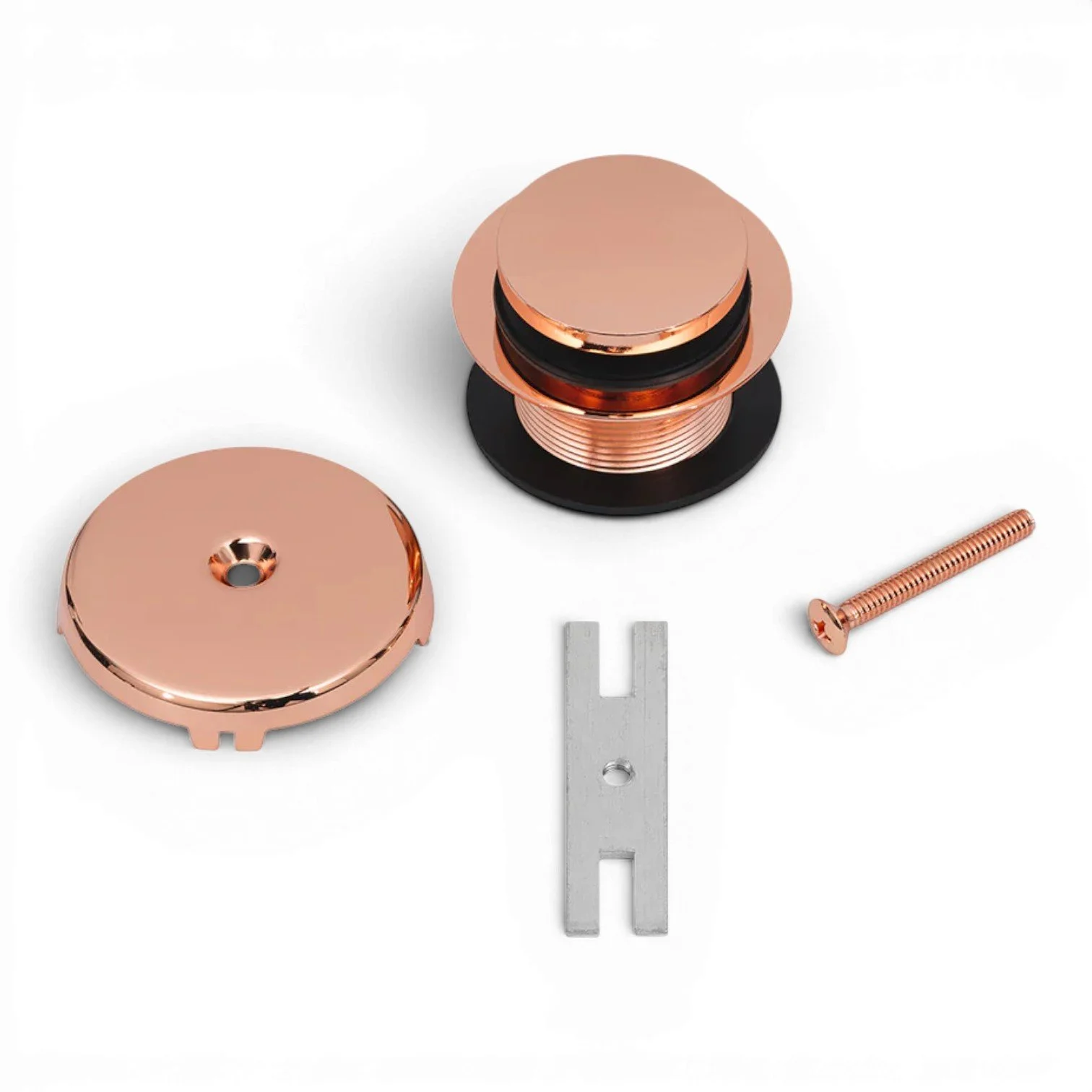 Solid brass polished copper bathtub drain trim with single-hole overflow cover and push-pop toe-click drain. Polished Copper