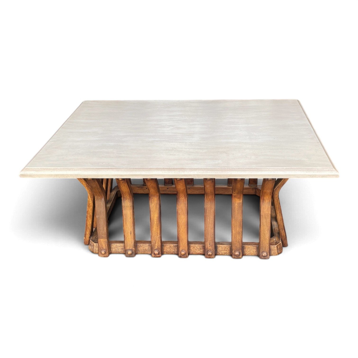 Handmade two-tone wood coffee table with caramel base and cream top