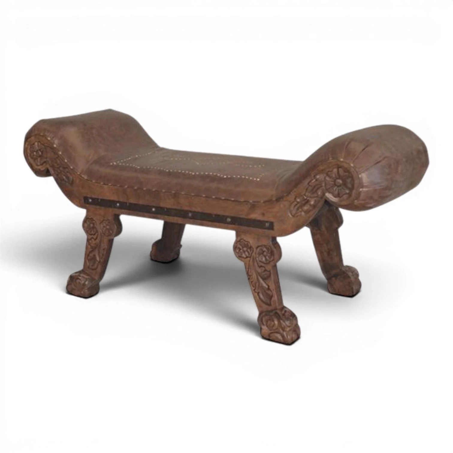 Handmade Mexican mesquite wood bench with hand-tooled leather and carved details