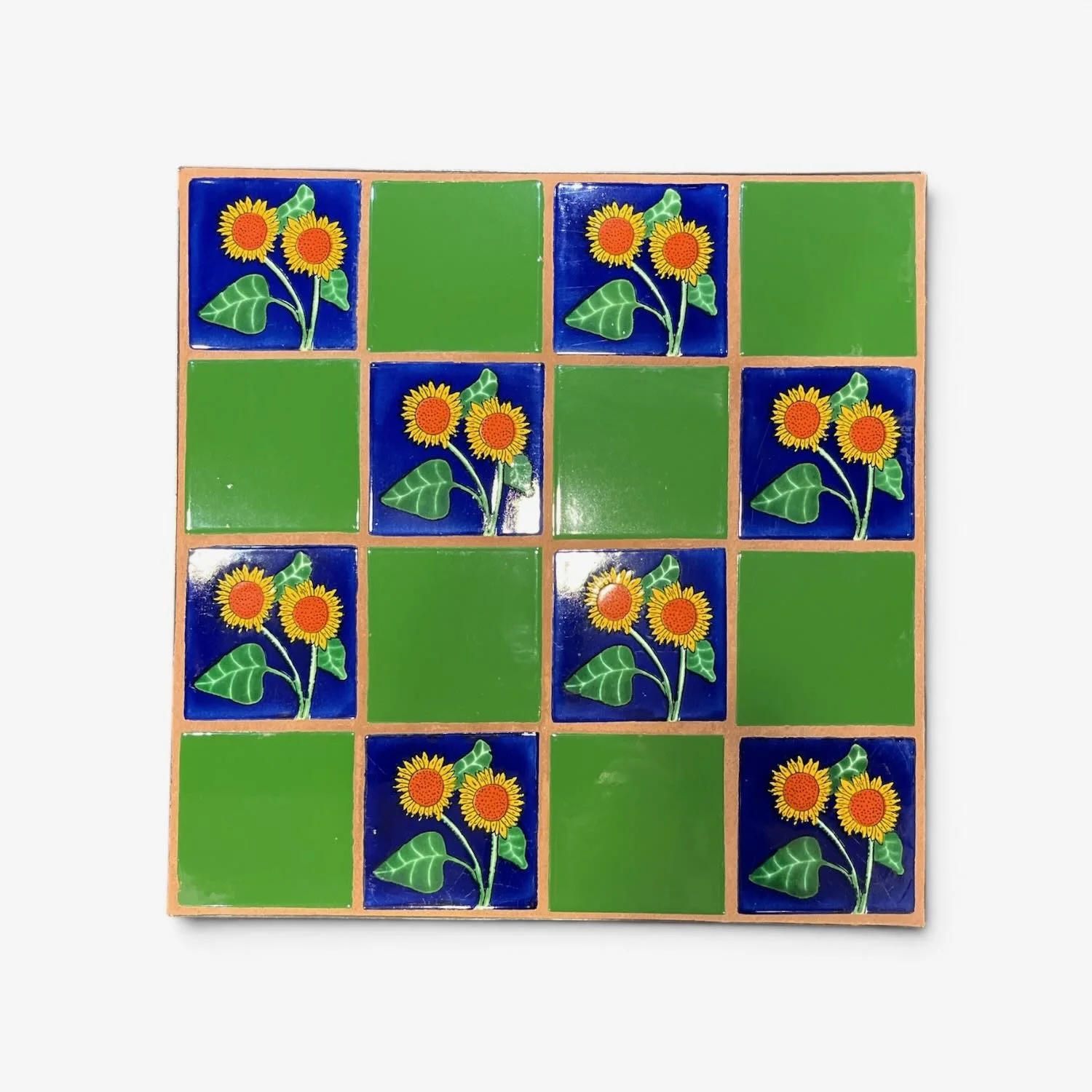 Handmade Talavera 16 Tile Table with colorful Mexican ceramic tiles and twisted wrought iron legs.