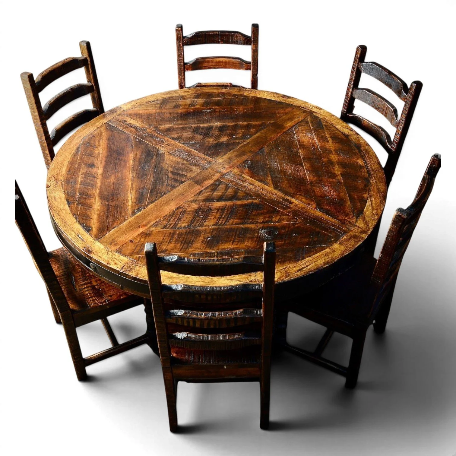 Hacienda Rustica Redonda handmade reclaimed wood dining table from Mexico with iron trim, decorative clavos, pedestal base, and rich dark stained finish.
