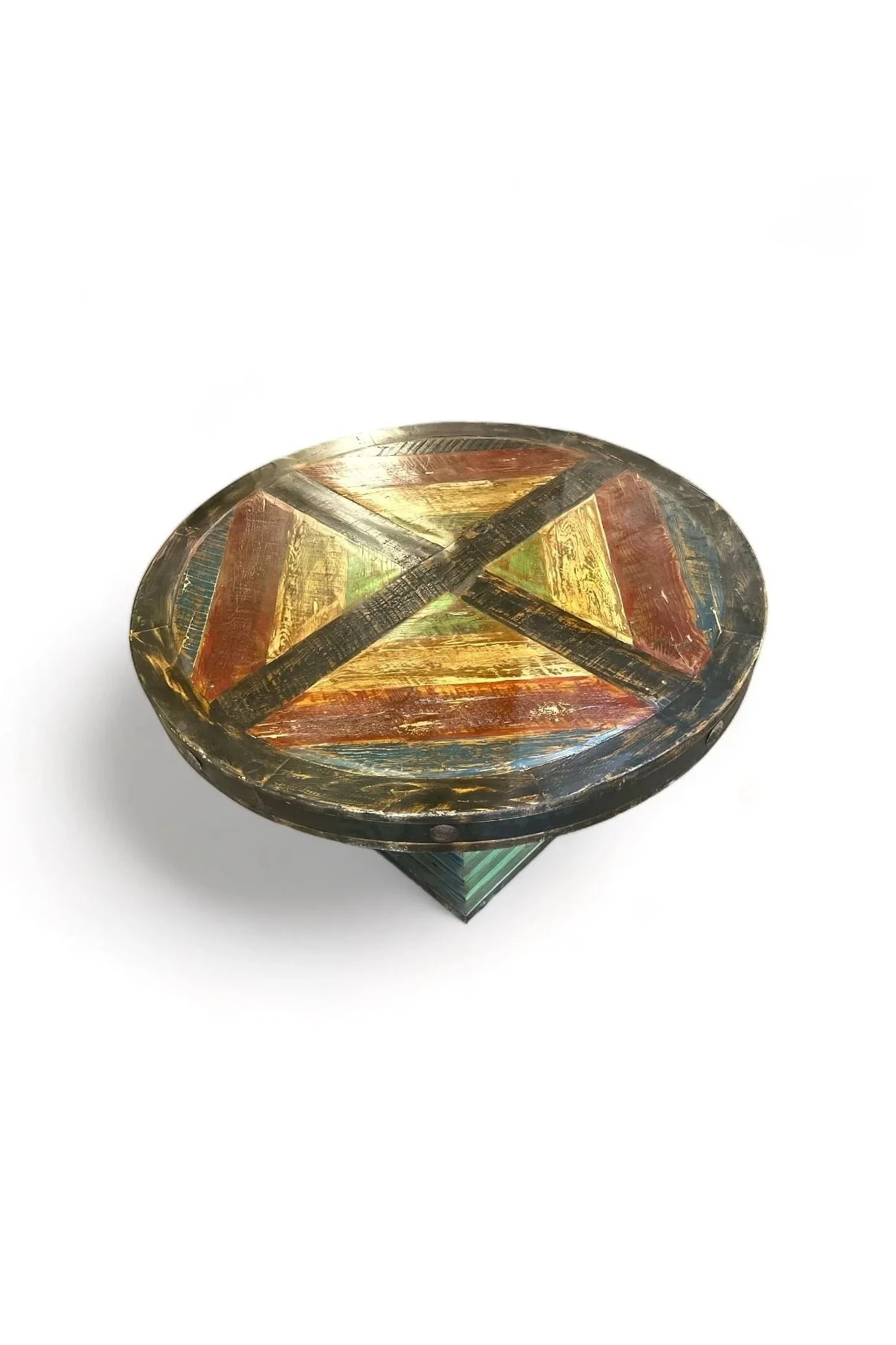 Shop a handmade painted round dining table from Mexico. Reclaimed wood with iron details and rustic hacienda style for unique dining spaces.