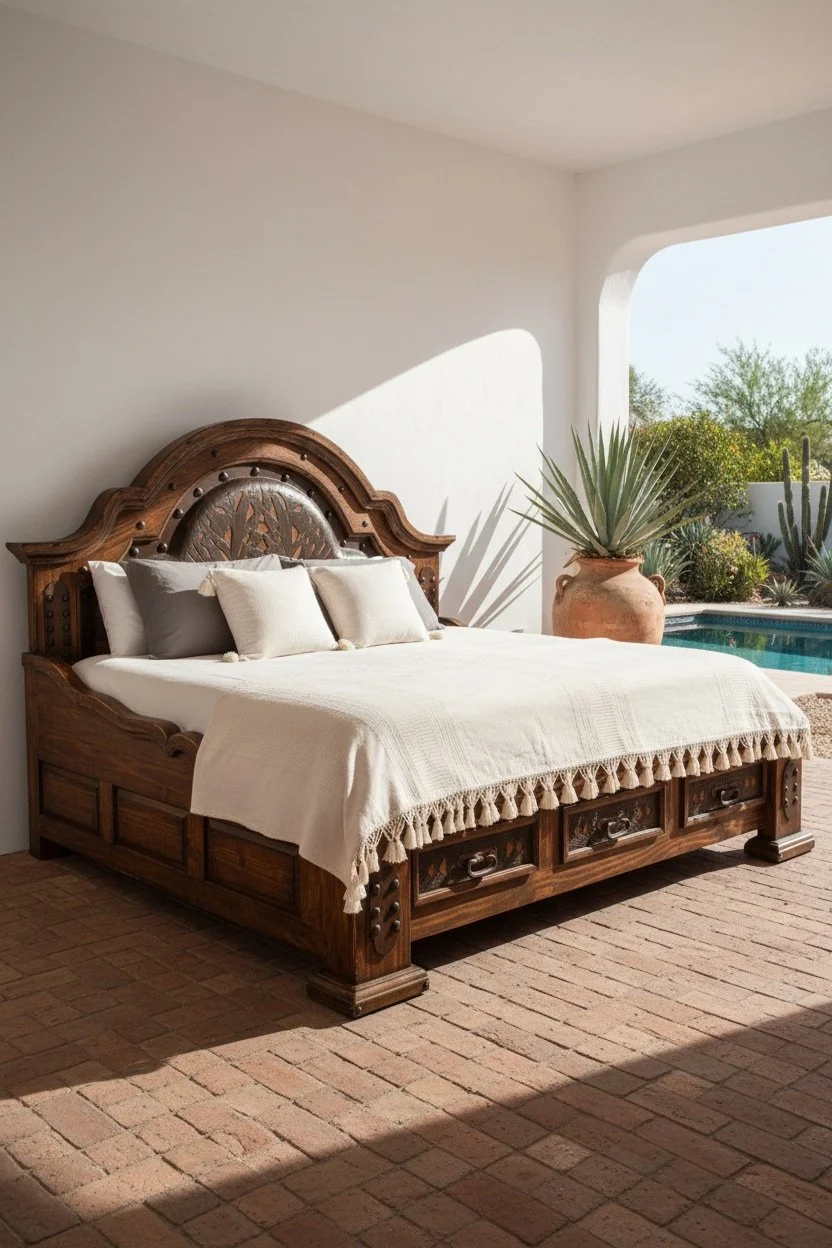 Shop a handmade wooden day bed from Mexico. Rustic hacienda-style design with carved details and iron accents for versatile home decor.