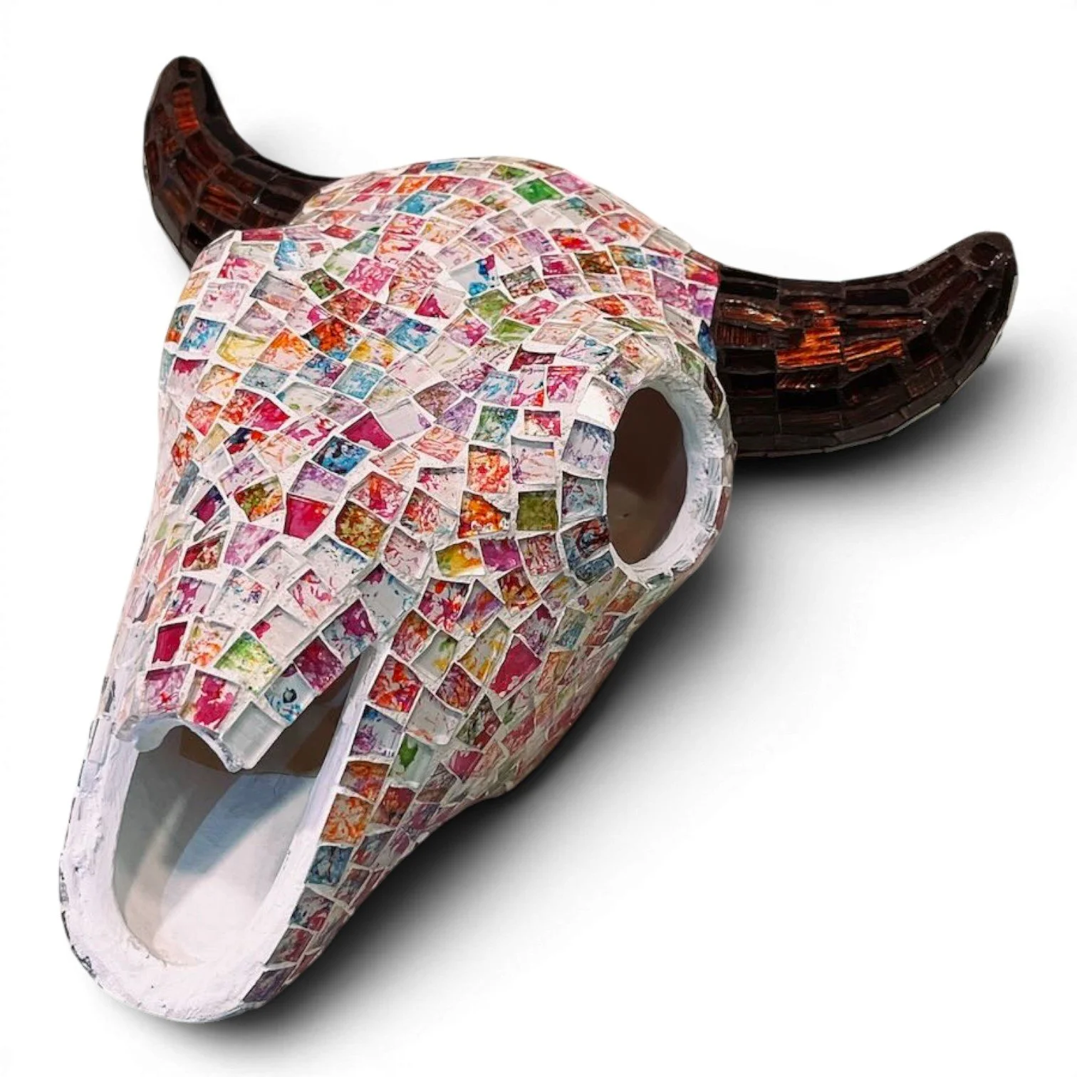 Handmade Mexican small mosaic cow skull with hand-formed clay and colorful glass tiles