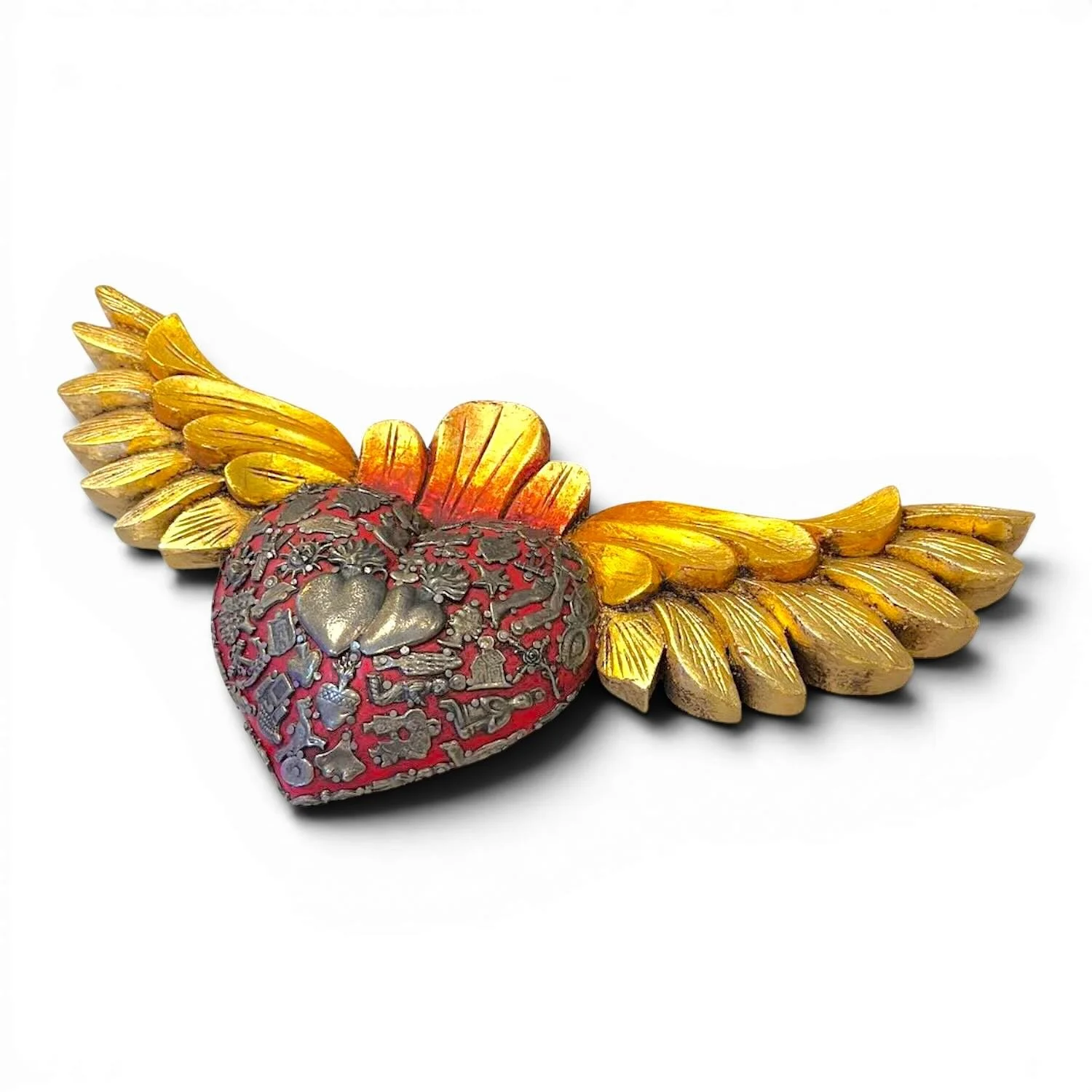 Handmade Mexican golden angel wings wall décor with traditional silver milagros charms.