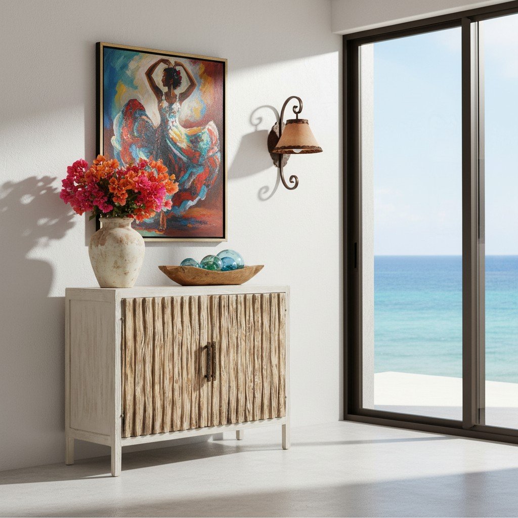 Handmade Peruvian Luciana Buffet Chest with brown and white molded doors and white-gray frame