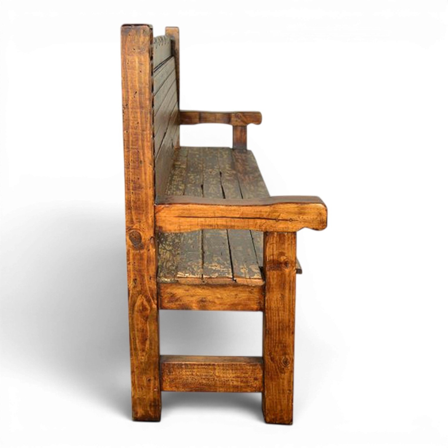 Handmade Mexican solid wood Santiago bench with hand-carved antique door design