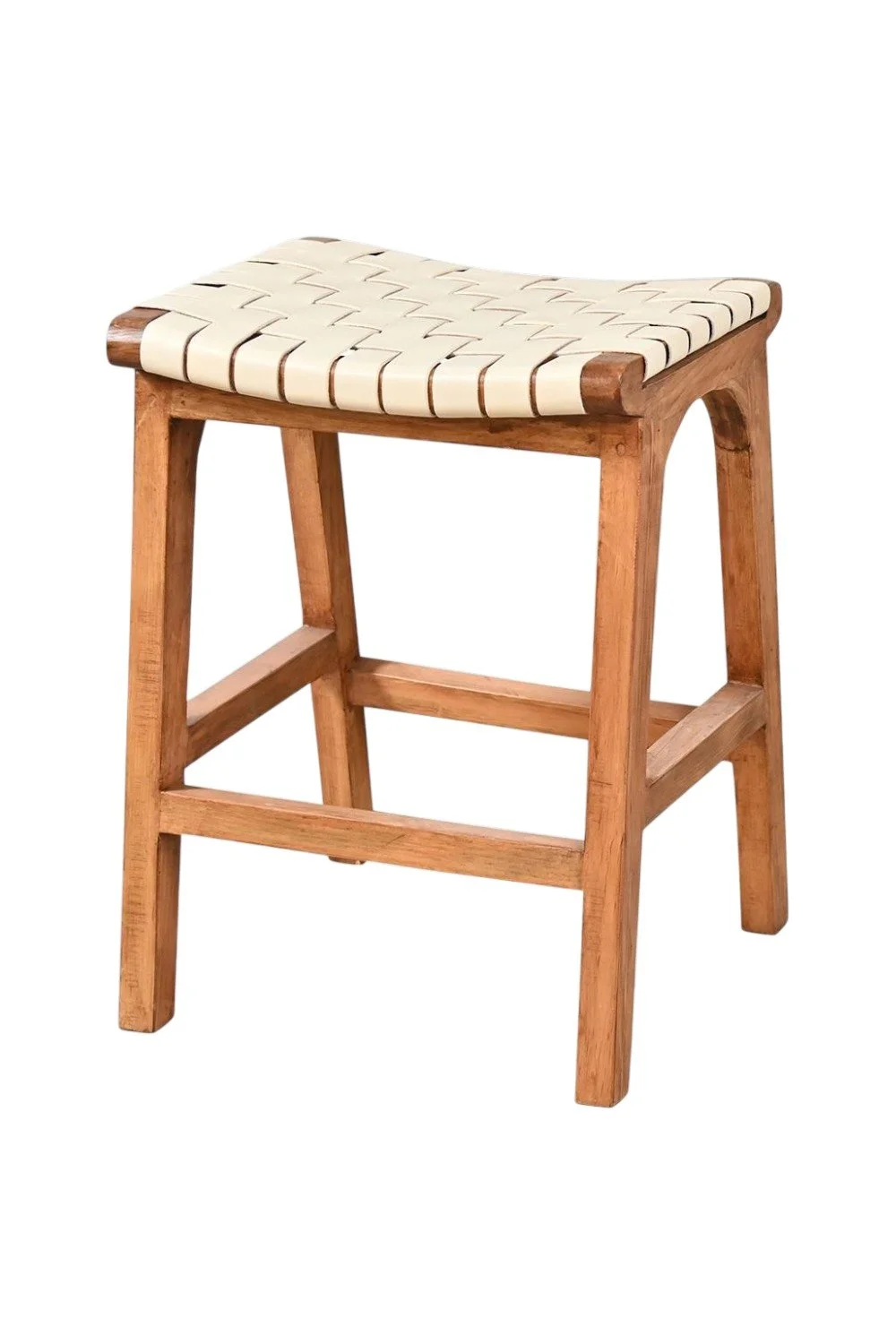 Shop the Cambria Crisscross Leather Bar Stool White handmade in Mexico. Handwoven white leather and light wood design for coastal and modern rustic interiors.