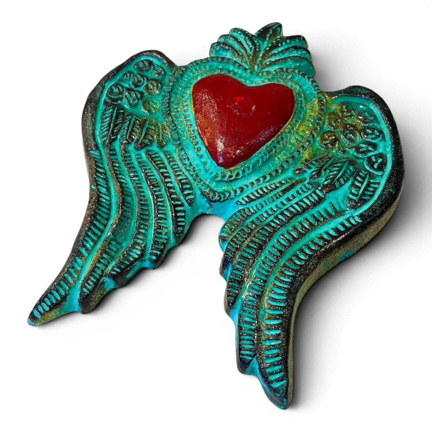 Handmade Mexican turquoise clay heart with wings and red sacred heart wall art