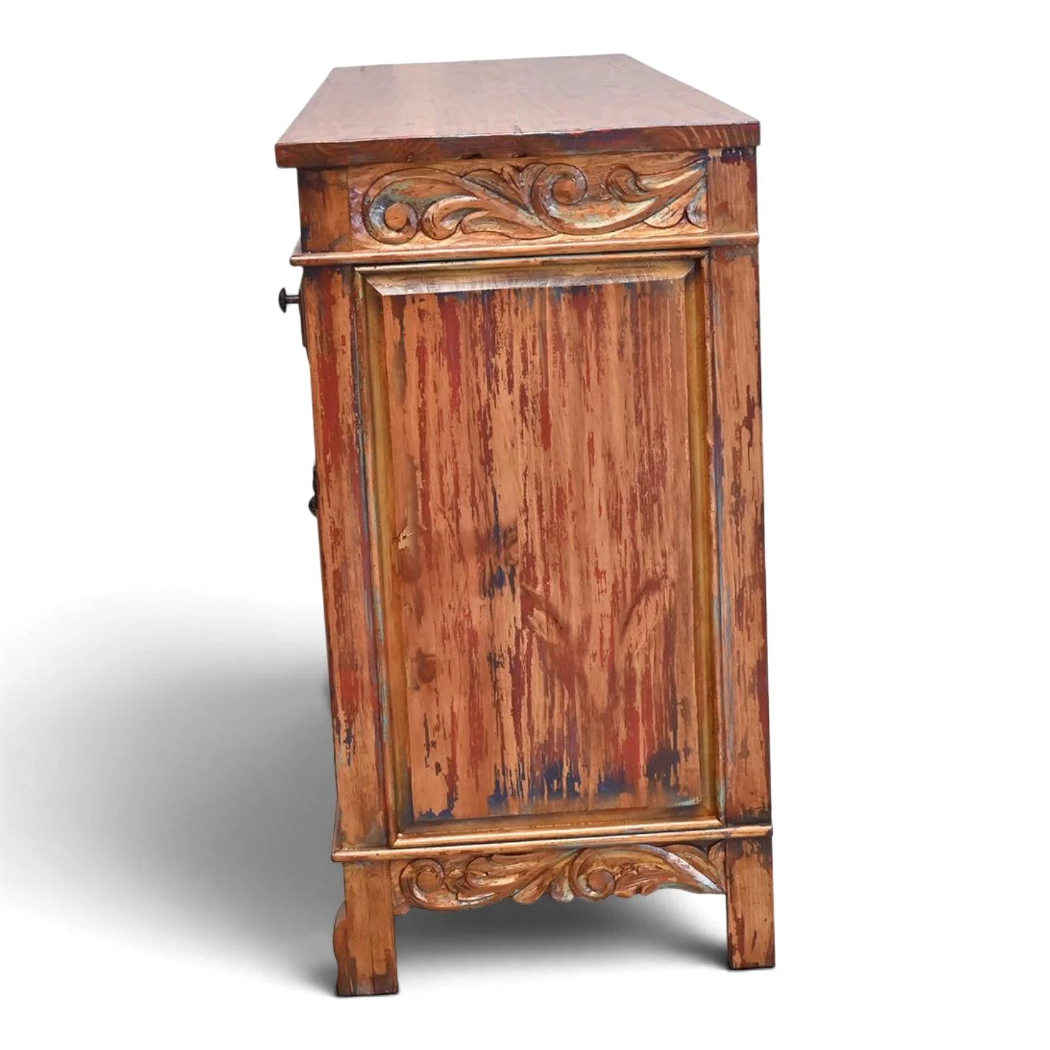Handmade hand-carved red buffet with iron hardware and four drawers