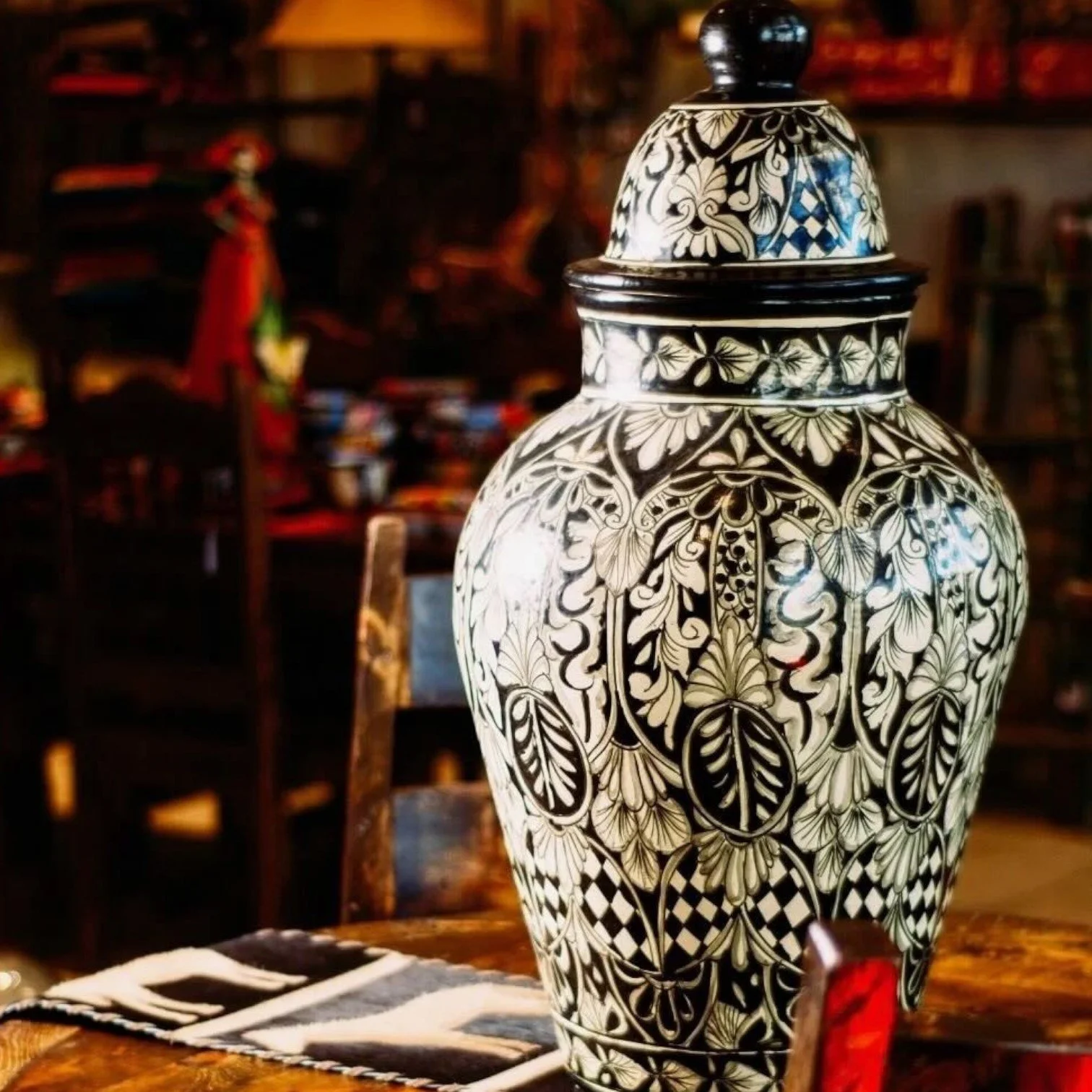 Handmade Mexican black and white ginger jar decorative pottery