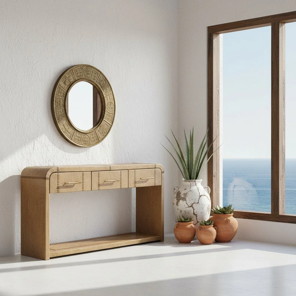 Handmade leather-wrapped console table with stitched detailing and drawers