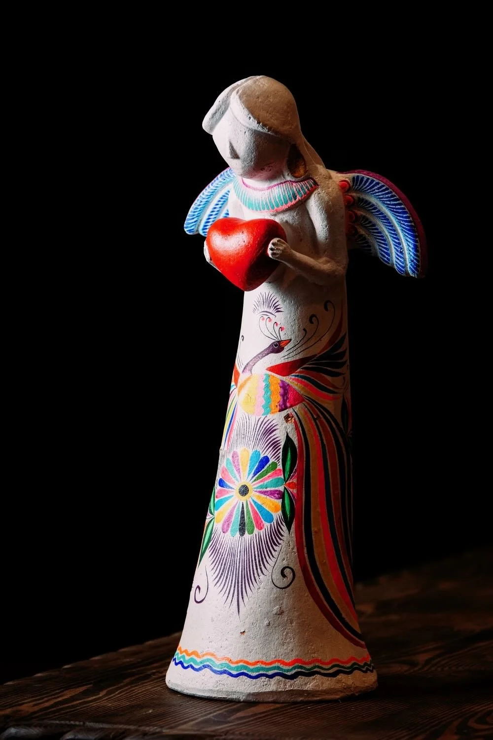 Handmade and Painted Clay Angel Holding a Red Heart