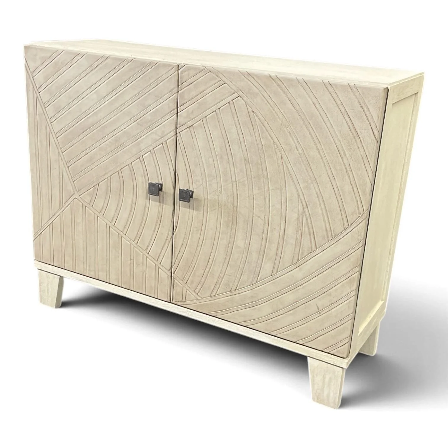 Handmade Peruvian Zorritos Buffet Chest with light leather geometric doors and creamy wood frame