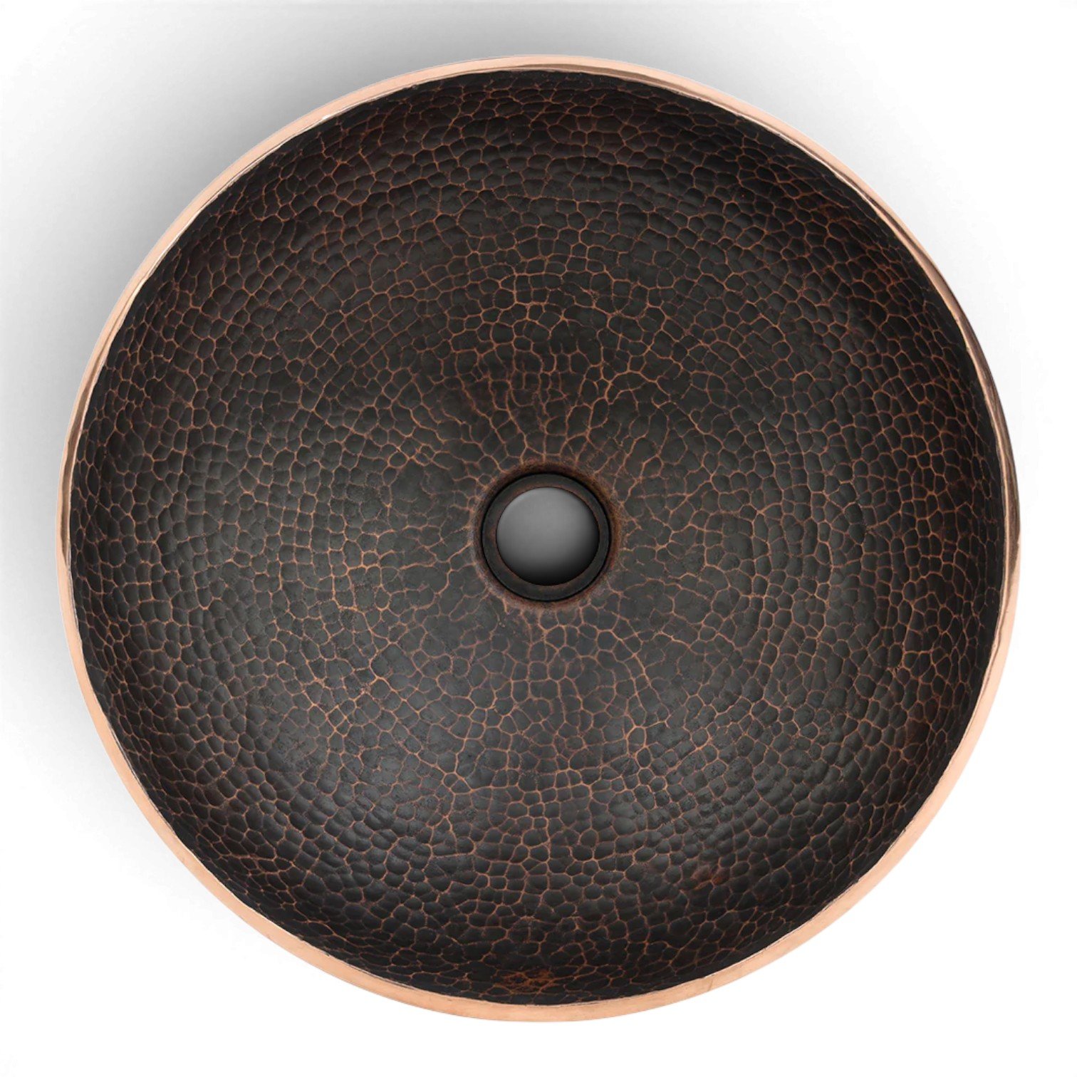 Hacienda Old World 16-inch hand forged hammered copper vessel sink with oil rubbed bronze patina handcrafted from solid recycled copper.