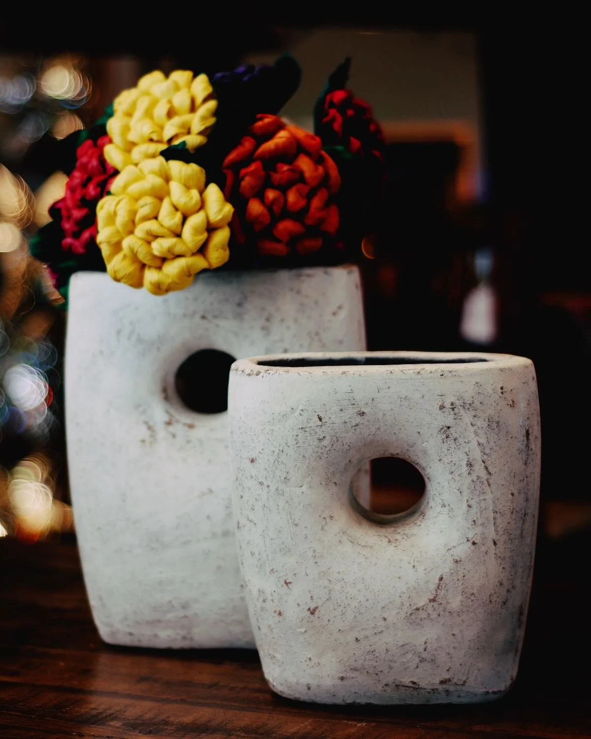 Distressed White Clay Vases with Holes from Mexico