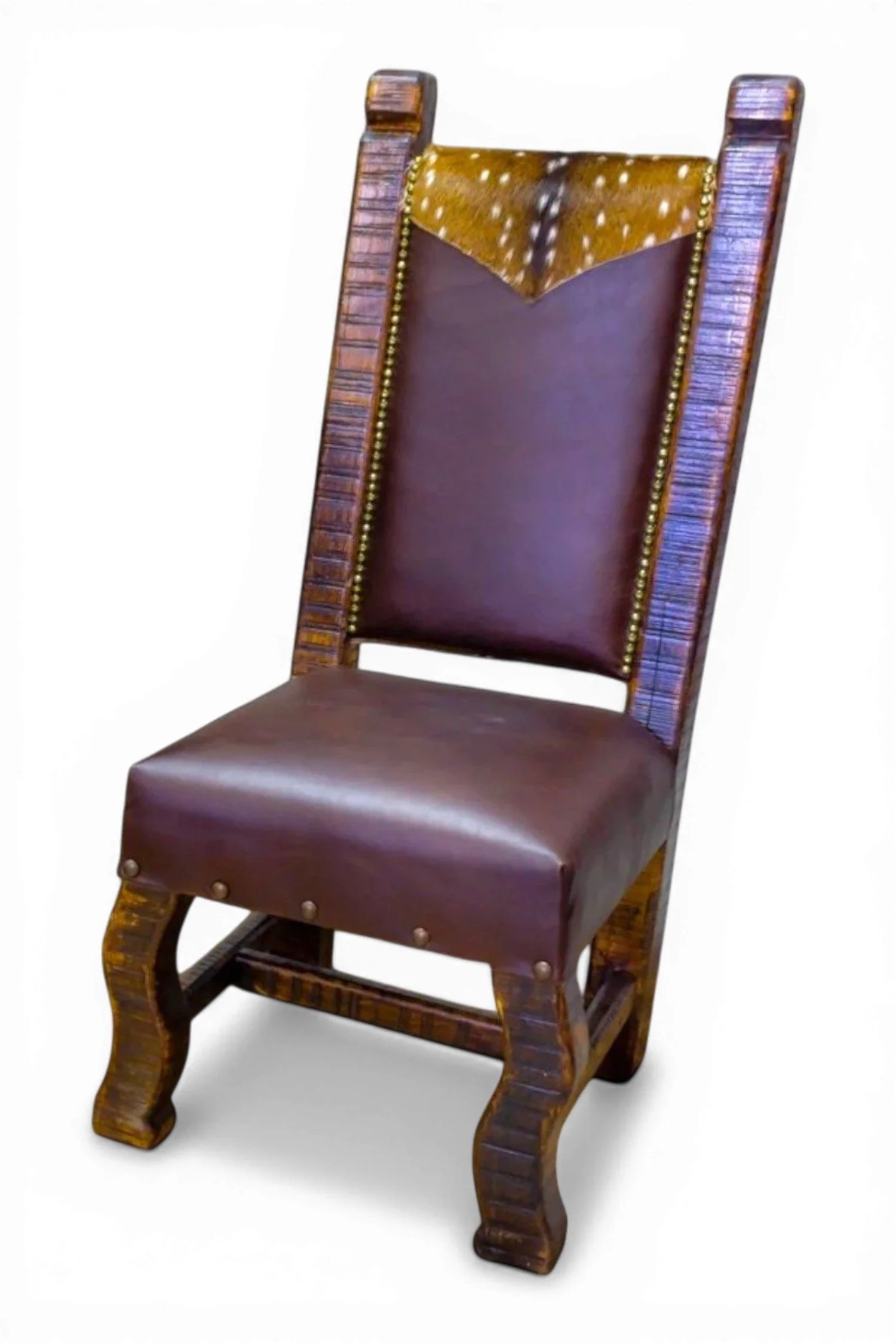 Shop a handmade leather dining chair from Mexico with deer design, reclaimed wood, and carved details. Rustic statement seating for dining spaces.
