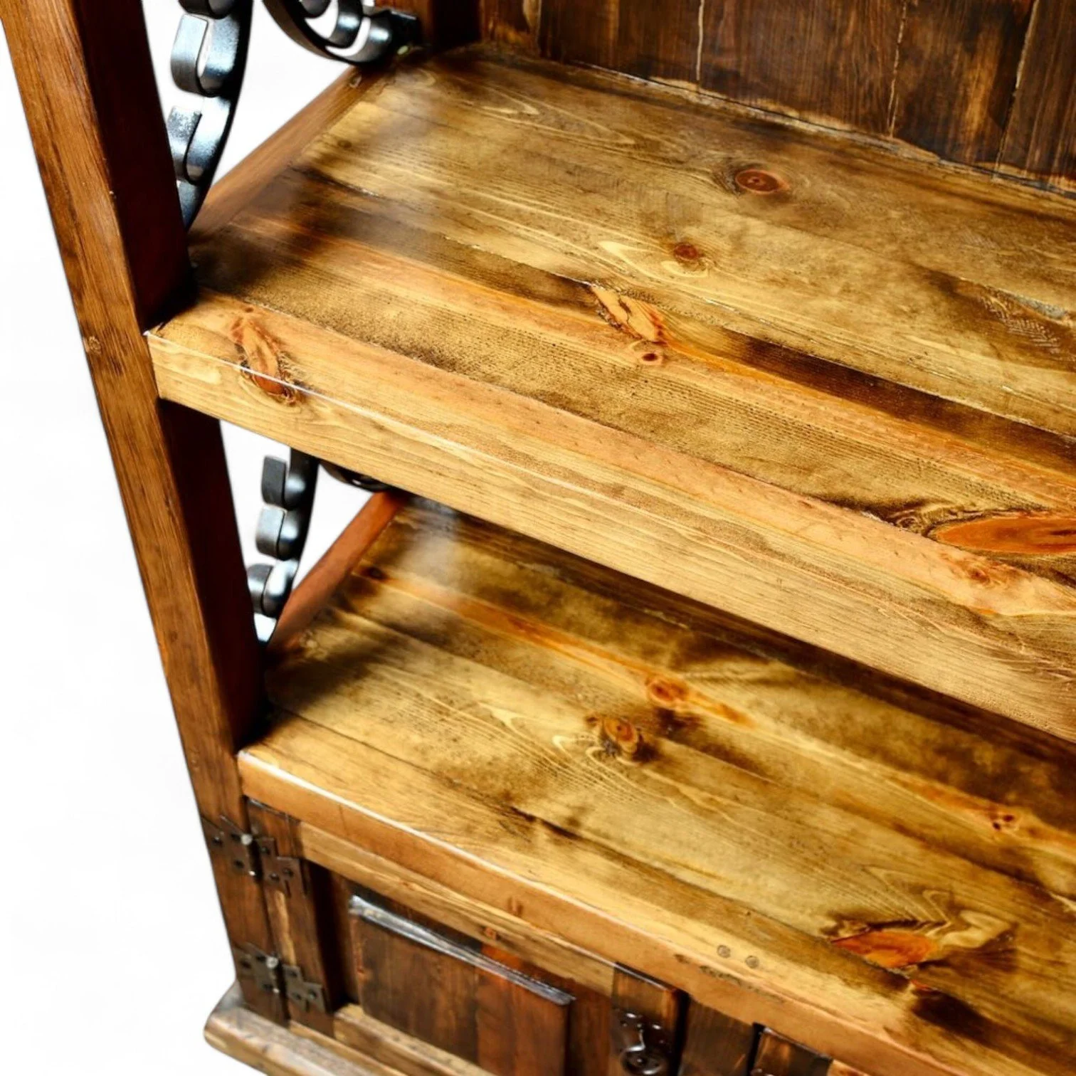 El Rosarito handcrafted Mexican reclaimed wood and wrought iron bookcase with rustic open shelving