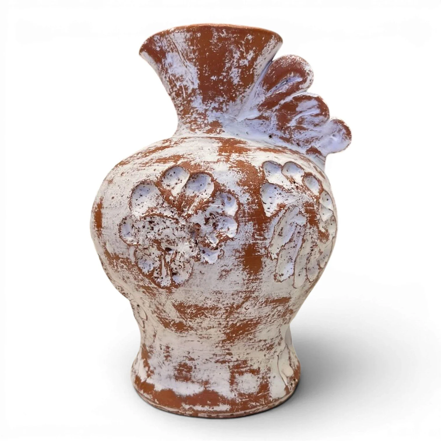 Handmade Mexican Jarra Blanca clay pitcher vase with distressed whitewashed finish, decorative flower, and ribbon handle