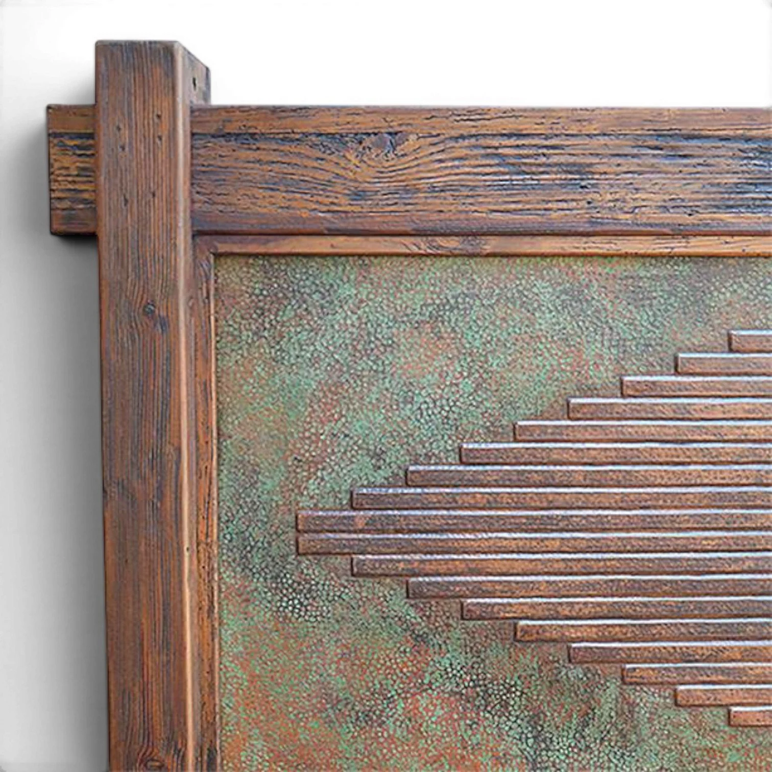 Handmade Rio Rancho King copper bed with reclaimed wood, verdigris and dark brown hammered copper geometric panels crafted in Mexico.