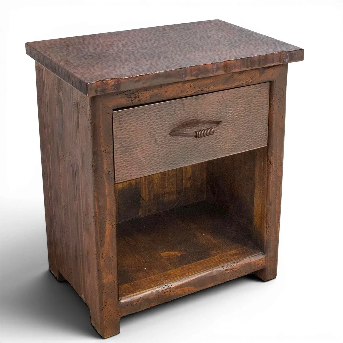 Handmade Cheyenne Cobre Live Edge nightstand with hand-hammered copper live edge top, reclaimed wood frame, one drawer, and open shelf crafted in Mexico.