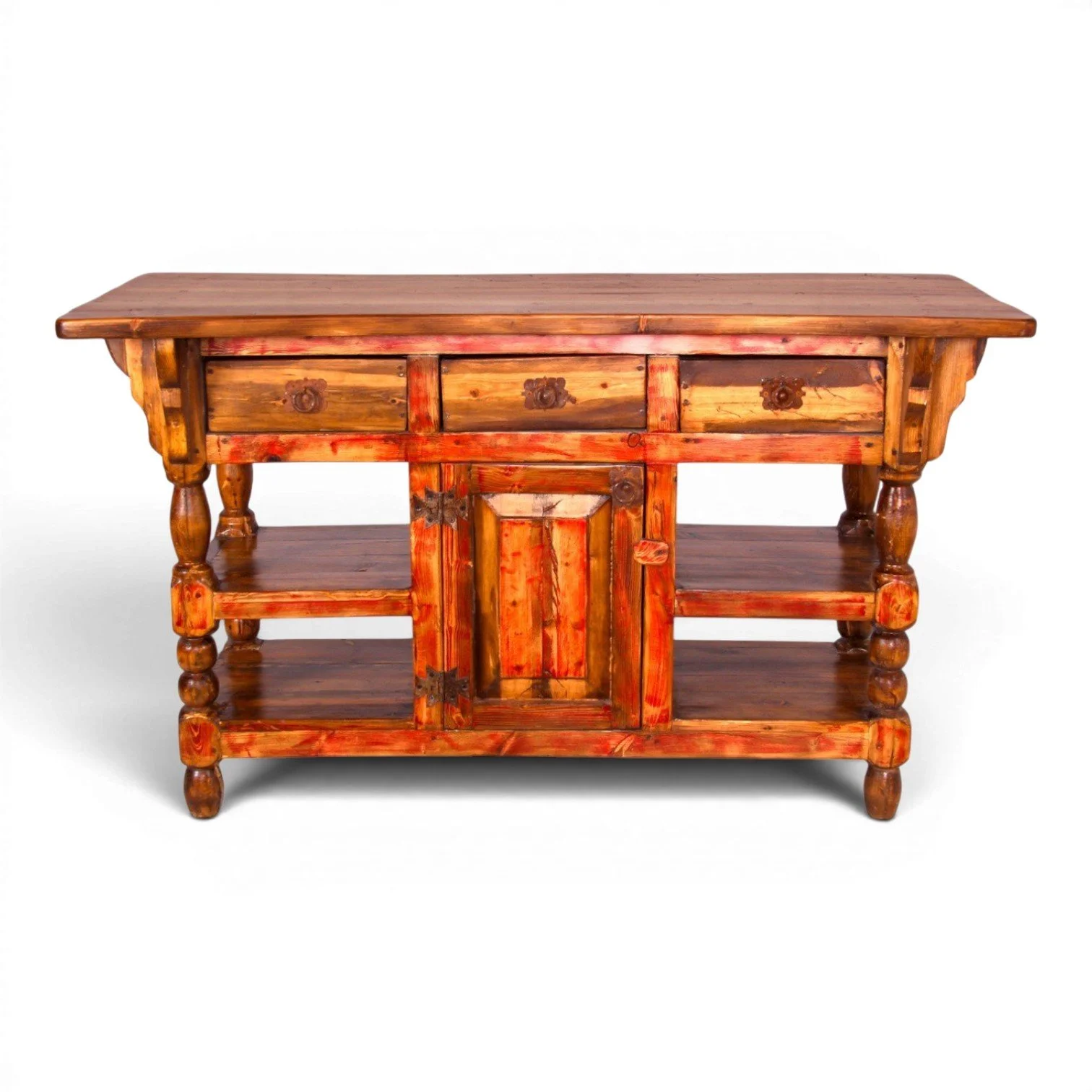 Handmade Mexican reclaimed wood kitchen island with turned legs and hacienda design