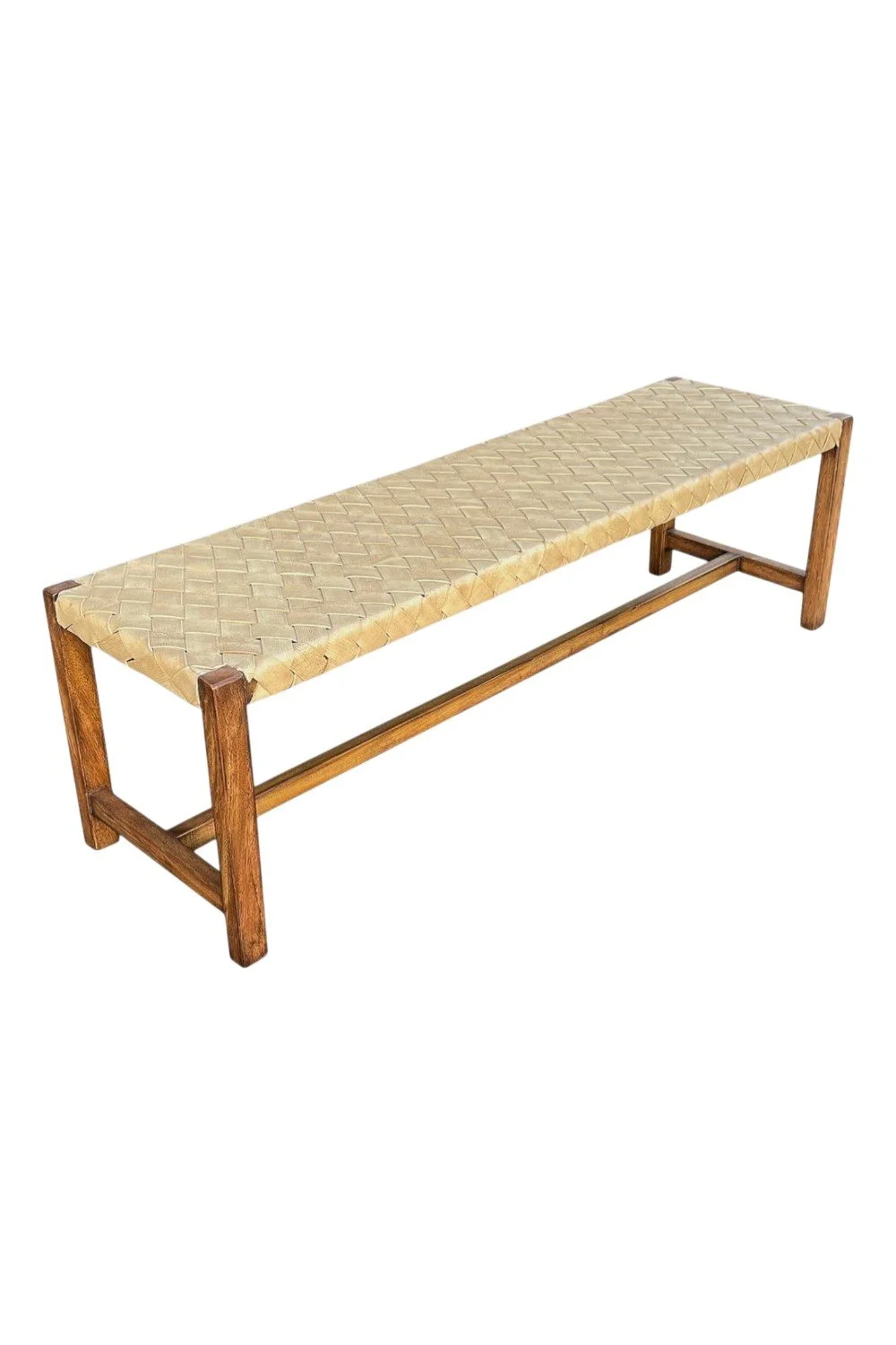 Shop the Malibu Woven Leather Bench handmade in Peru. Handwoven cream leather seat with solid wood frame, perfect for modern, coastal, and artisan-inspired interiors.
