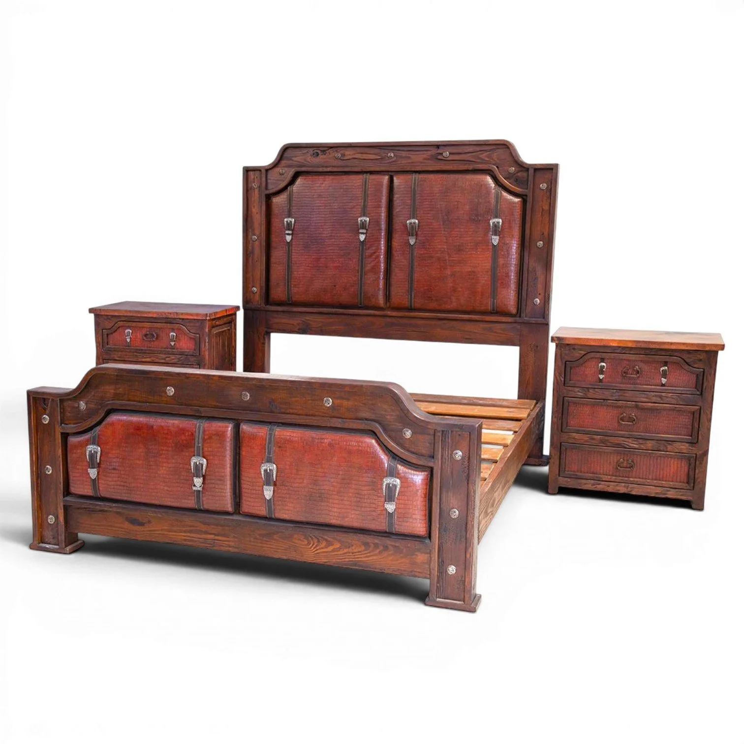 Handmade Todos Santos croc print leather bed with reclaimed wood, dark cognac embossed leather panels, and silver clavos crafted in Mexico.