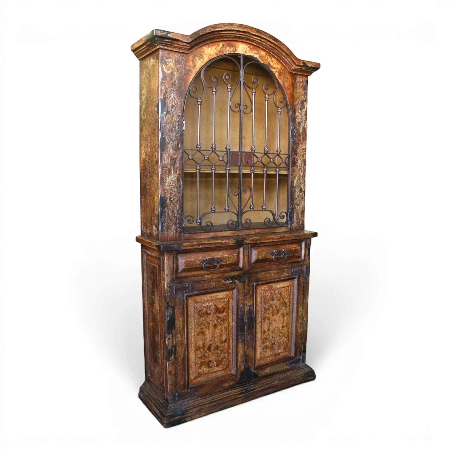 San Francisco Peruvian armoire with hand-forged arched iron doors, caramel distressed finish, and Old World handcrafted design.