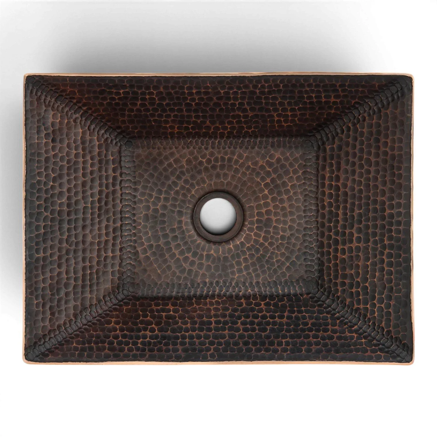 Hacienda Old World 17-inch modern rectangular hand forged hammered copper vessel sink with oil rubbed bronze patina.
