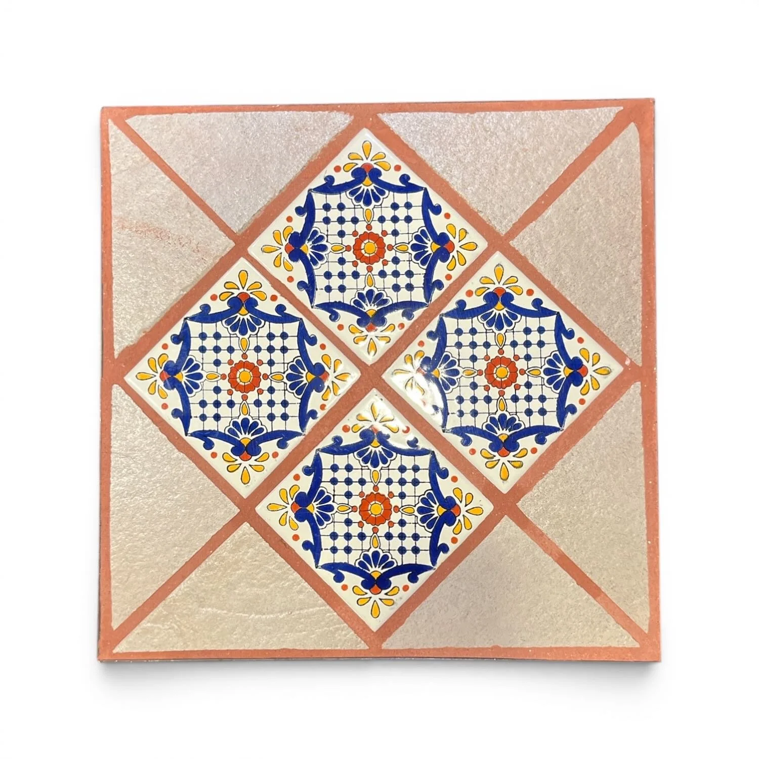 Handmade Talavera 9 Tile Table with colorful Mexican ceramic tiles and twisted wrought iron legs.